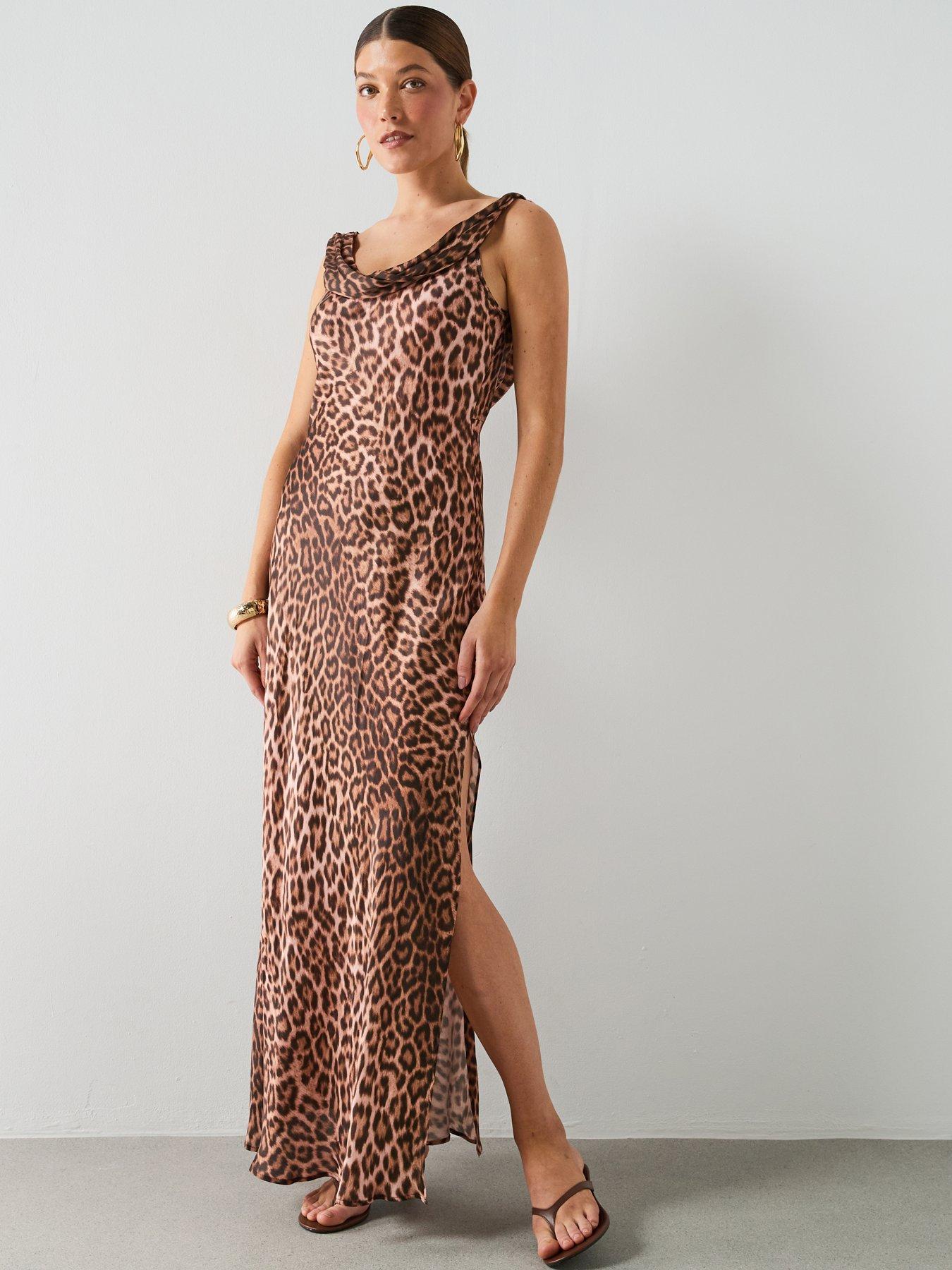 Image 3 of 6 of Mango Animal Print Dress With A Draped Collar - Brown