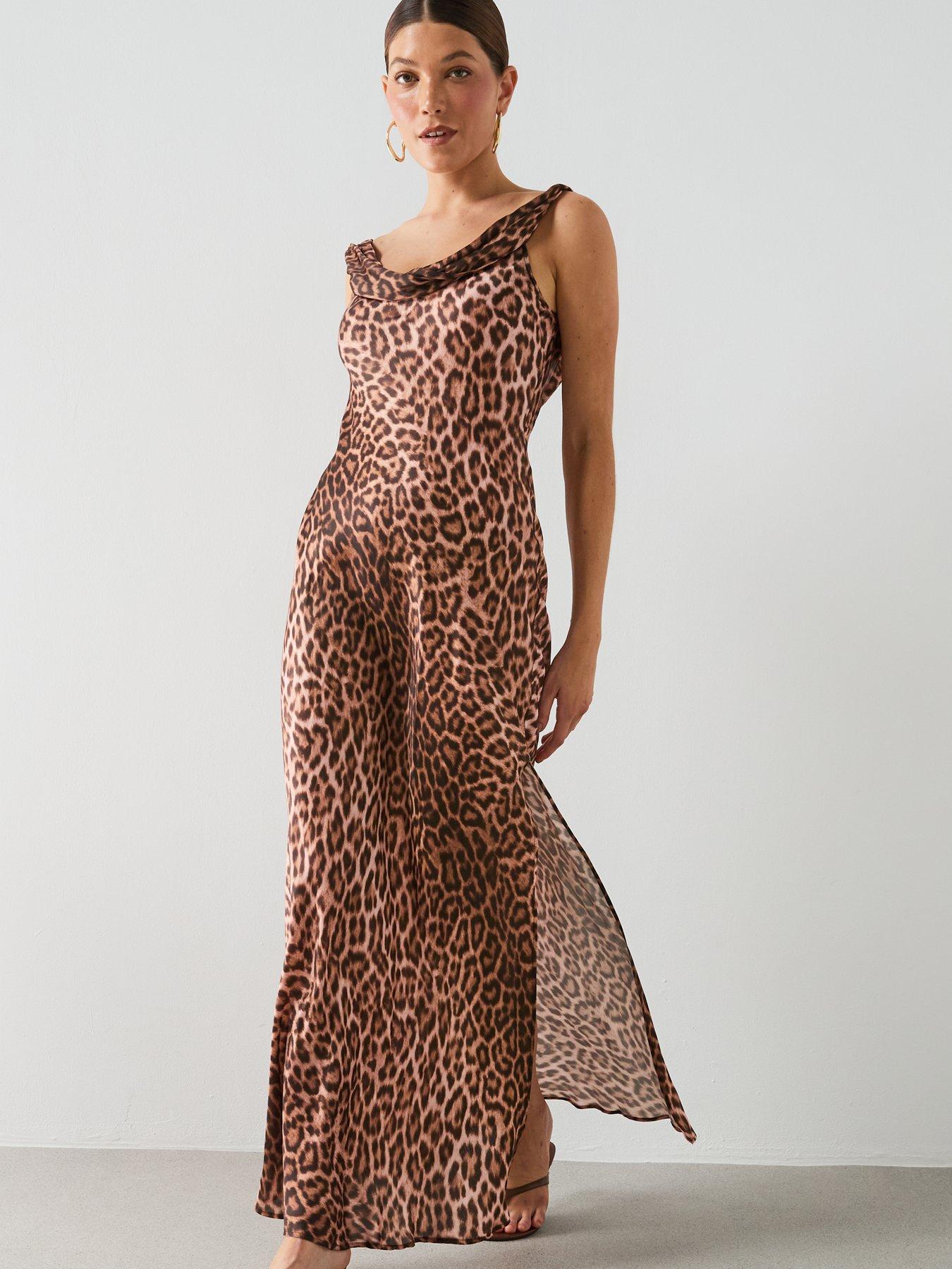 Image 6 of 6 of Mango Animal Print Dress With A Draped Collar - Brown
