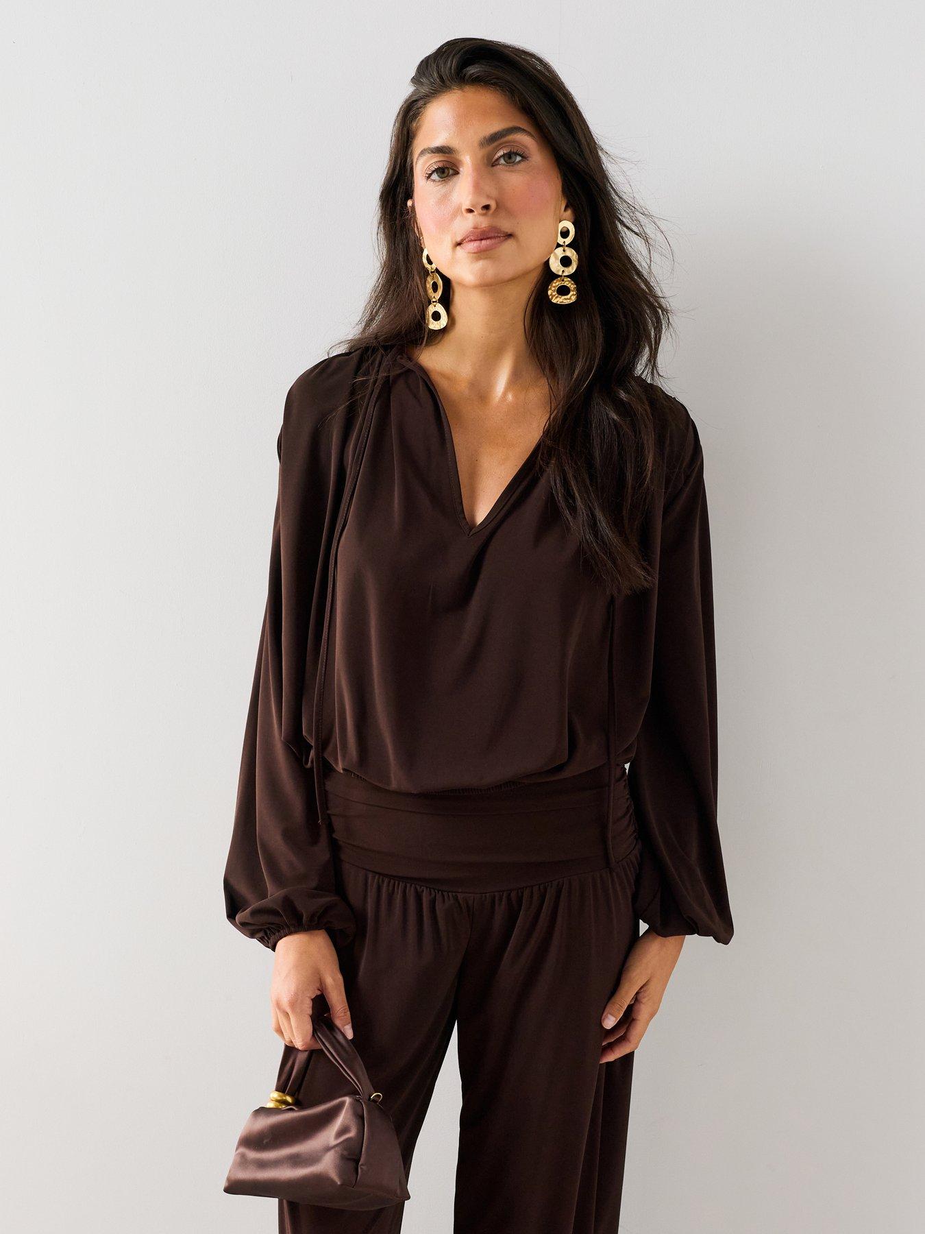 Image 1 of 7 of The Very Collection Bubble Hem Volume Sleeve Co-Ord Top - Brown