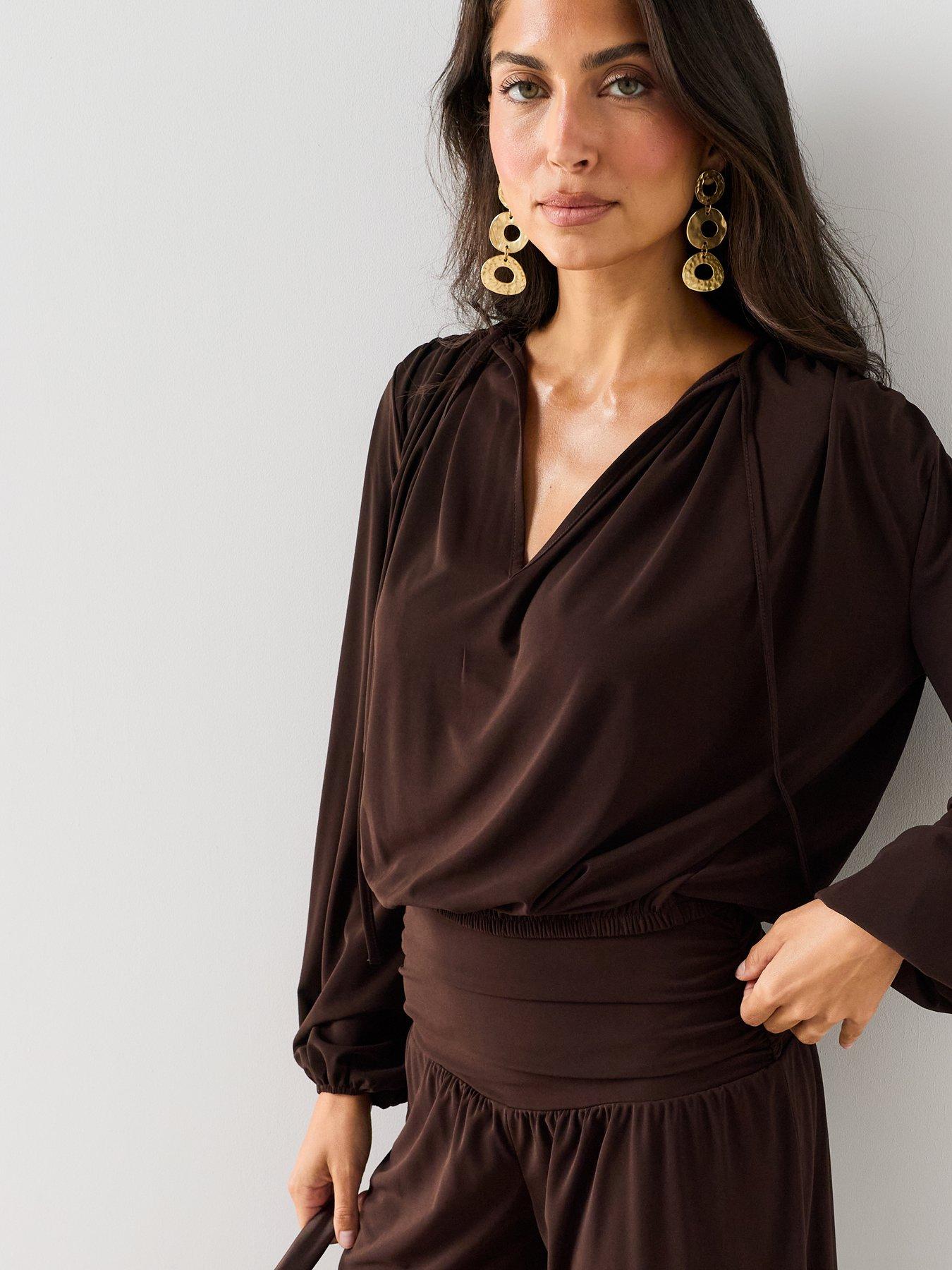 Image 5 of 7 of The Very Collection Bubble Hem Volume Sleeve Co-Ord Top - Brown