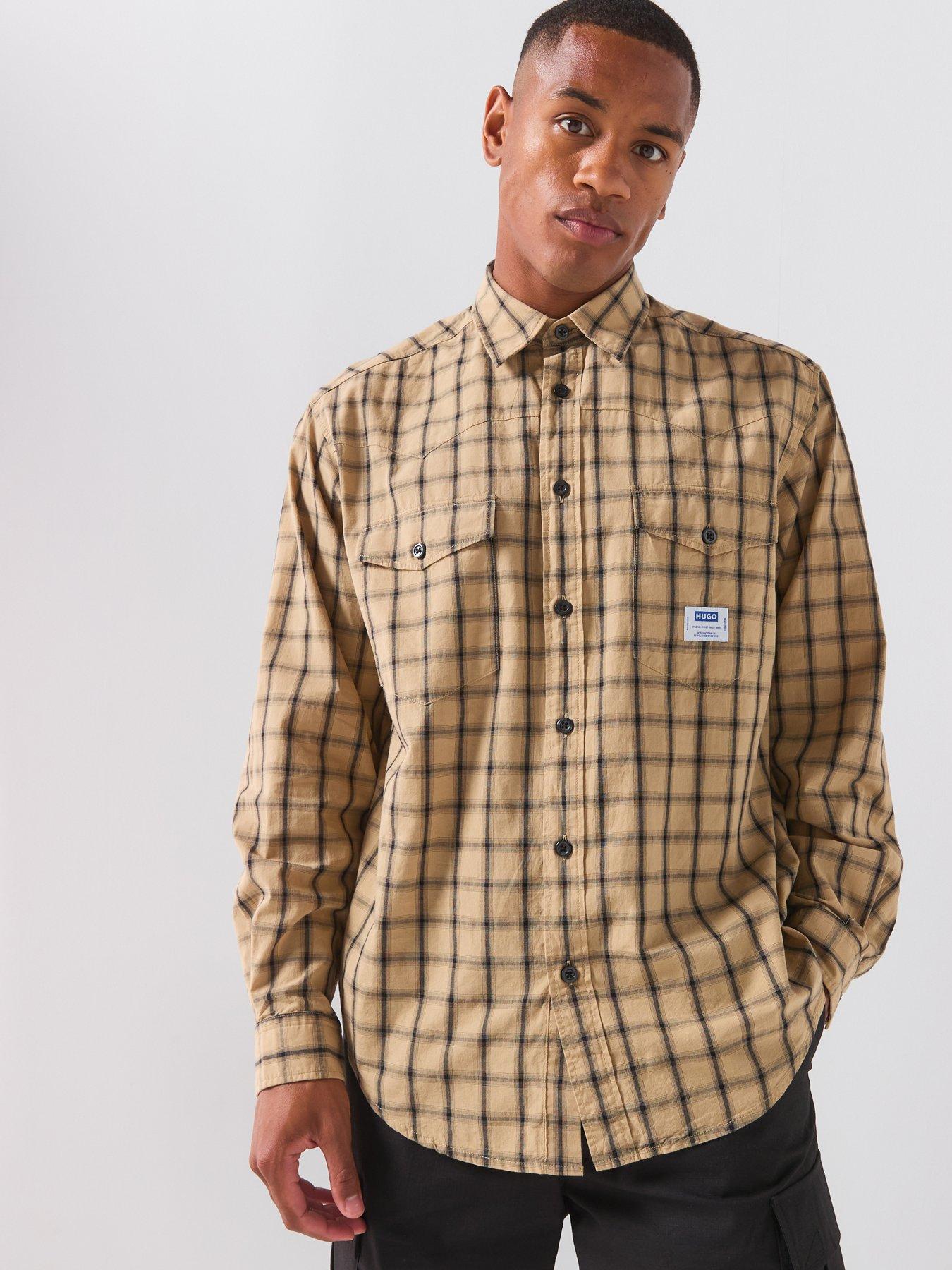 HUGO Checked Print Long Sleeve Shirt - Brown