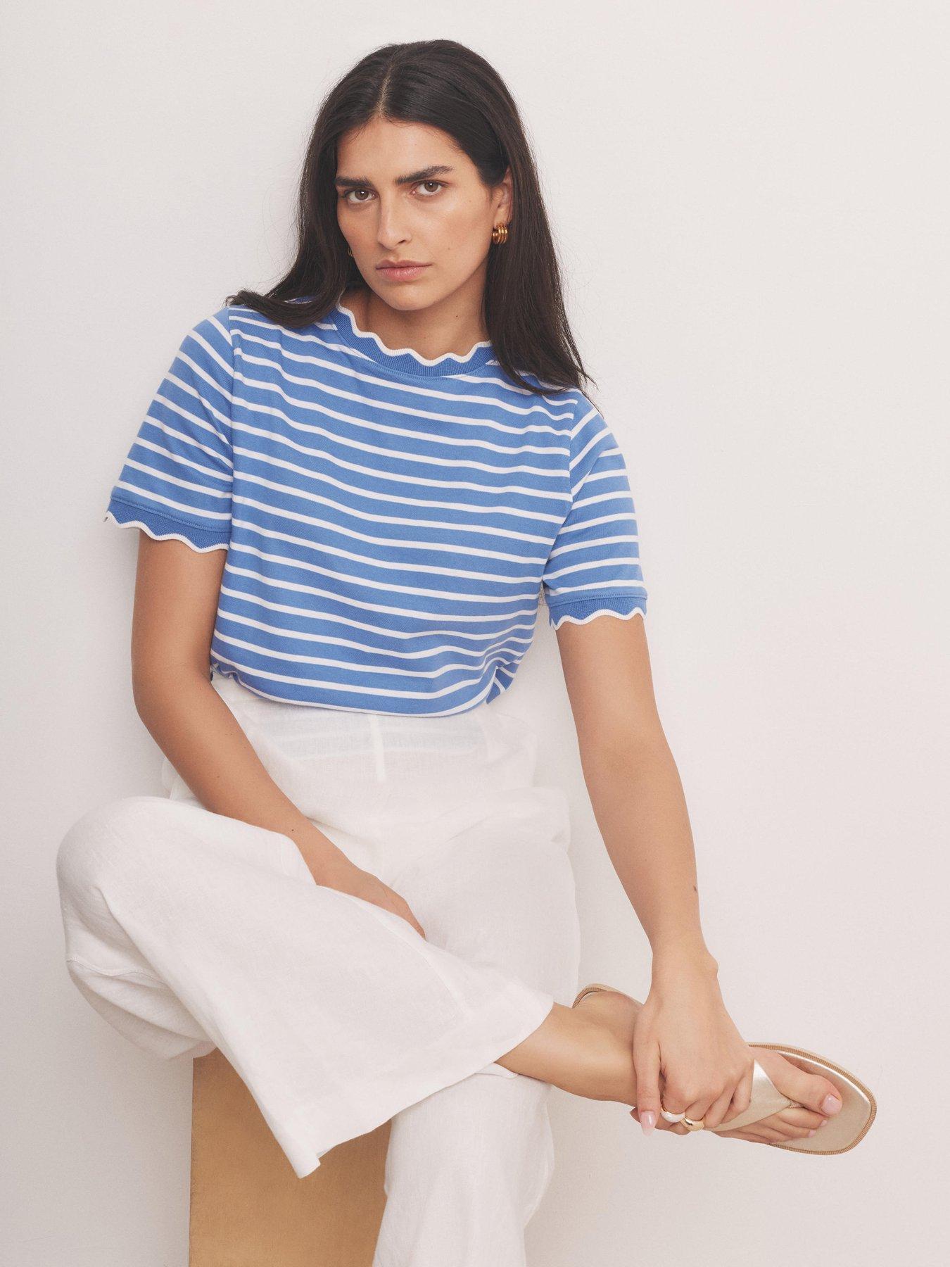Mint Velvet Stripe Scallop T-Shirt - Blue