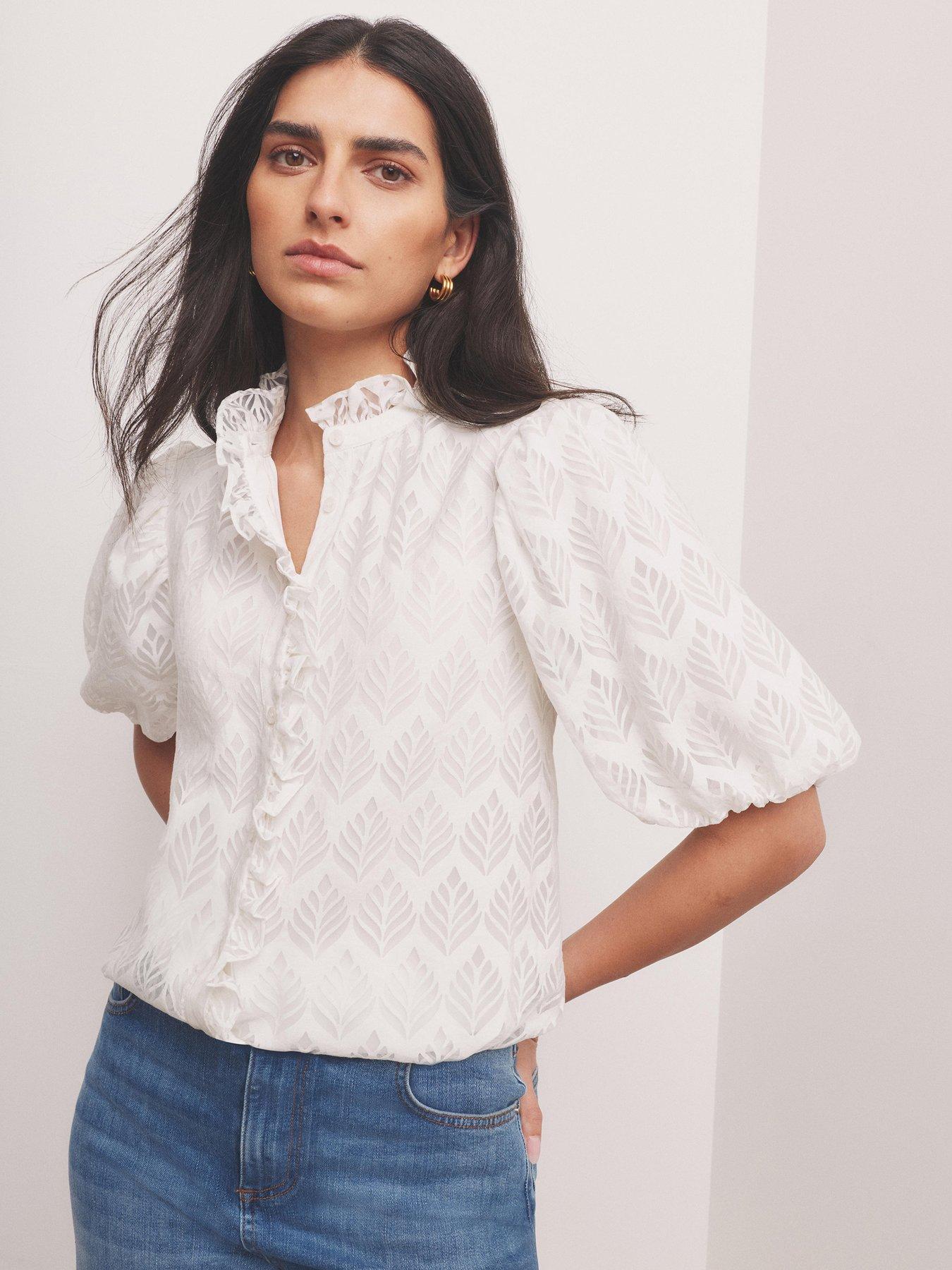 Mint Velvet Jacquard Puff Blouse - White