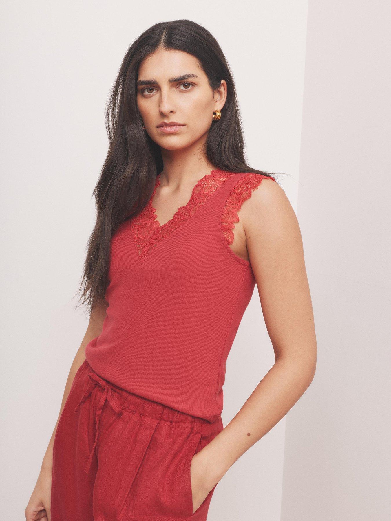 Mint Velvet Lace V Sleeveless Top - Red