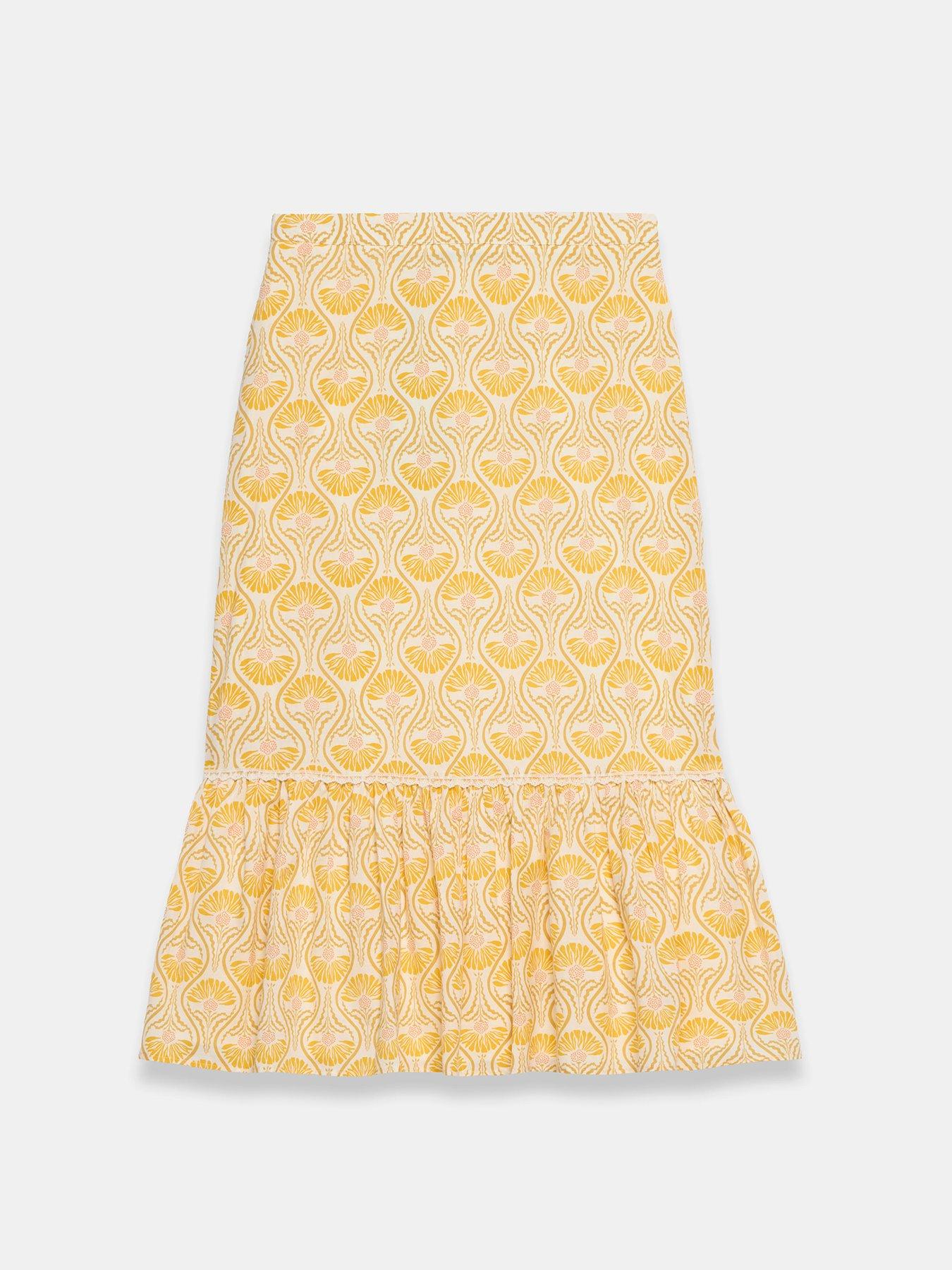 Mint Velvet Floral Print Ruffle Hemline Skirt - Yellow | Very