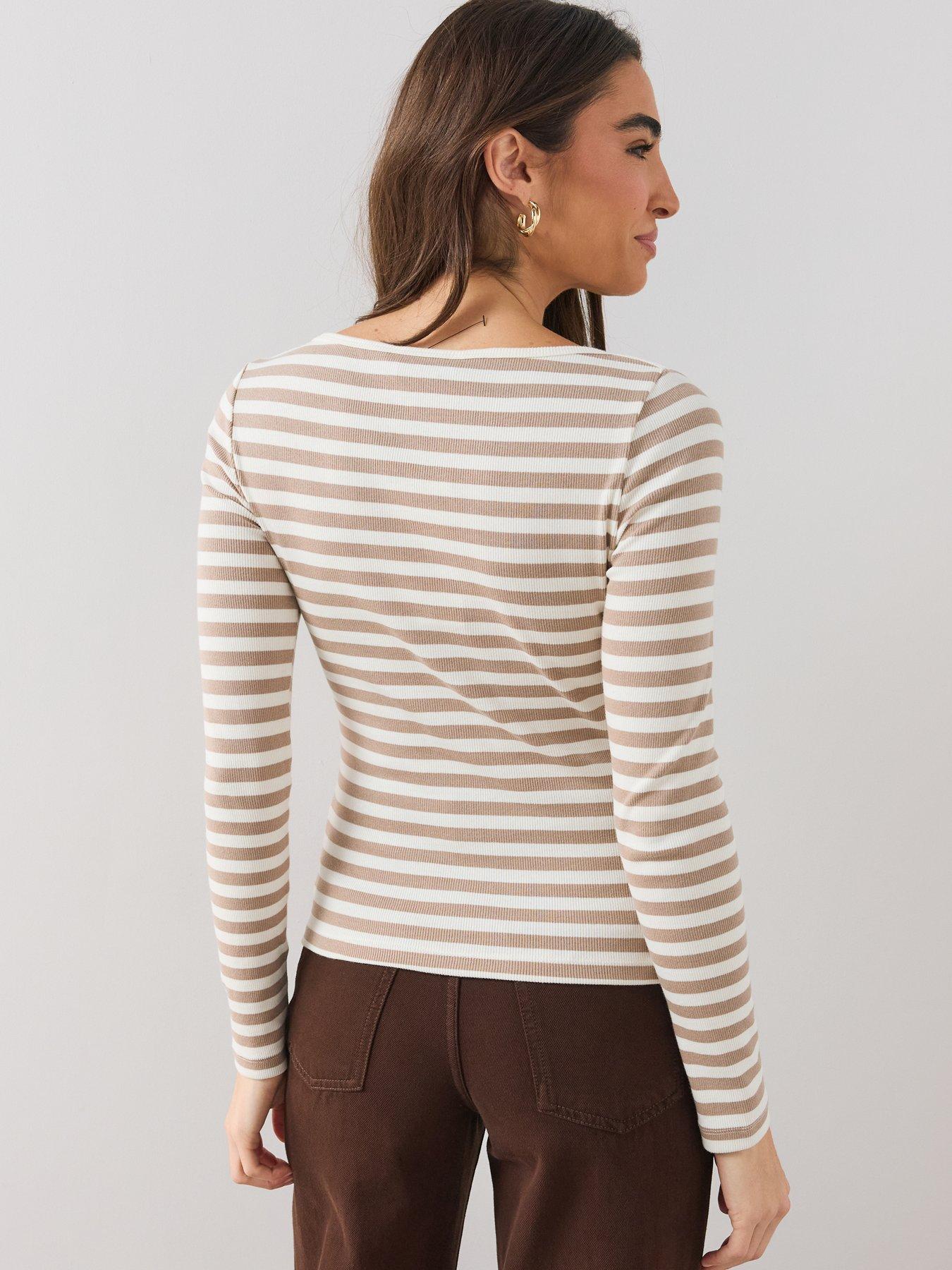 Image 2 of 6 of The Very Collection Womens Boat Neck Ribbed Stripe Long Sleeve Top - Neutral