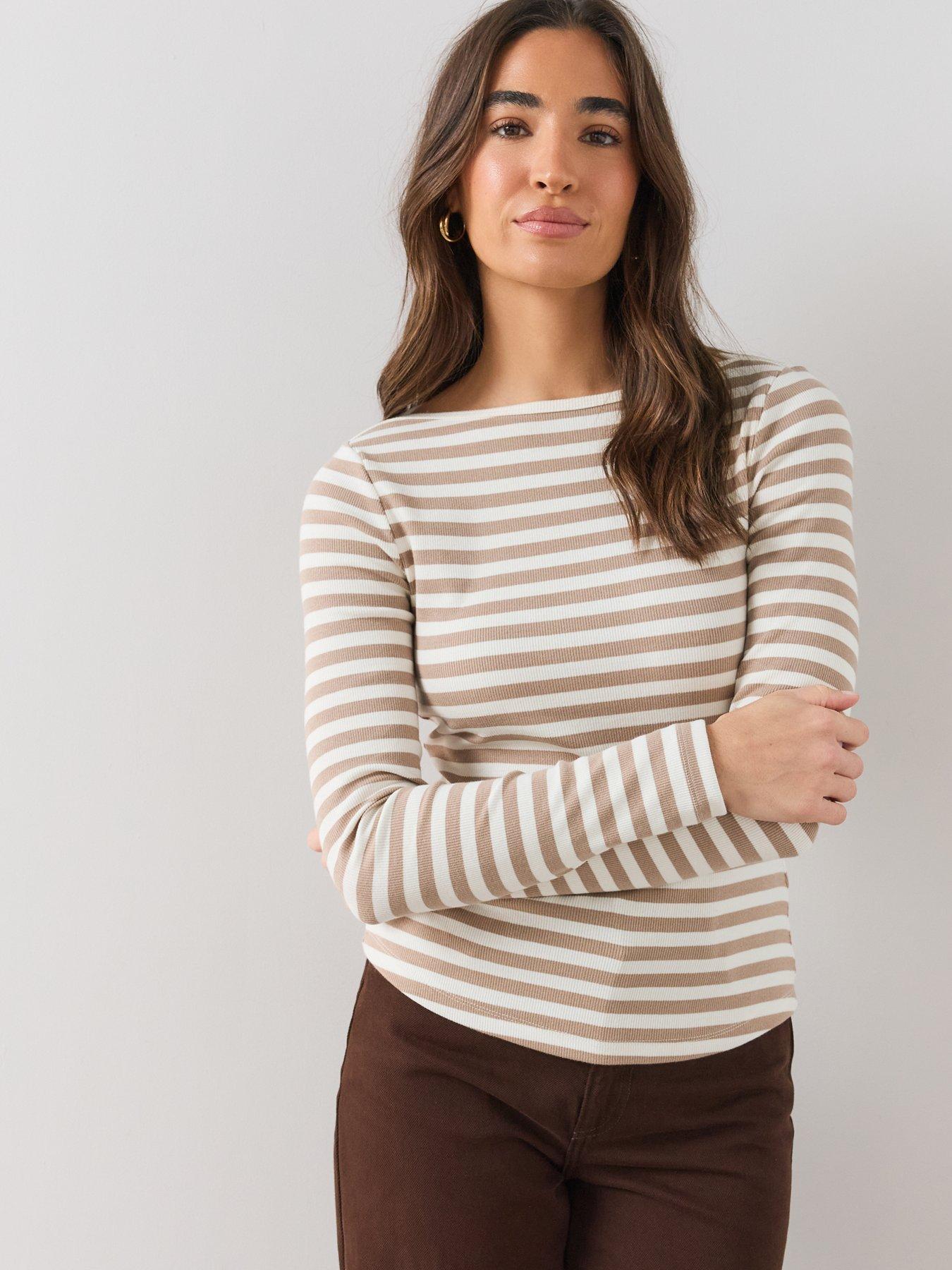 Image 4 of 6 of The Very Collection Womens Boat Neck Ribbed Stripe Long Sleeve Top - Neutral