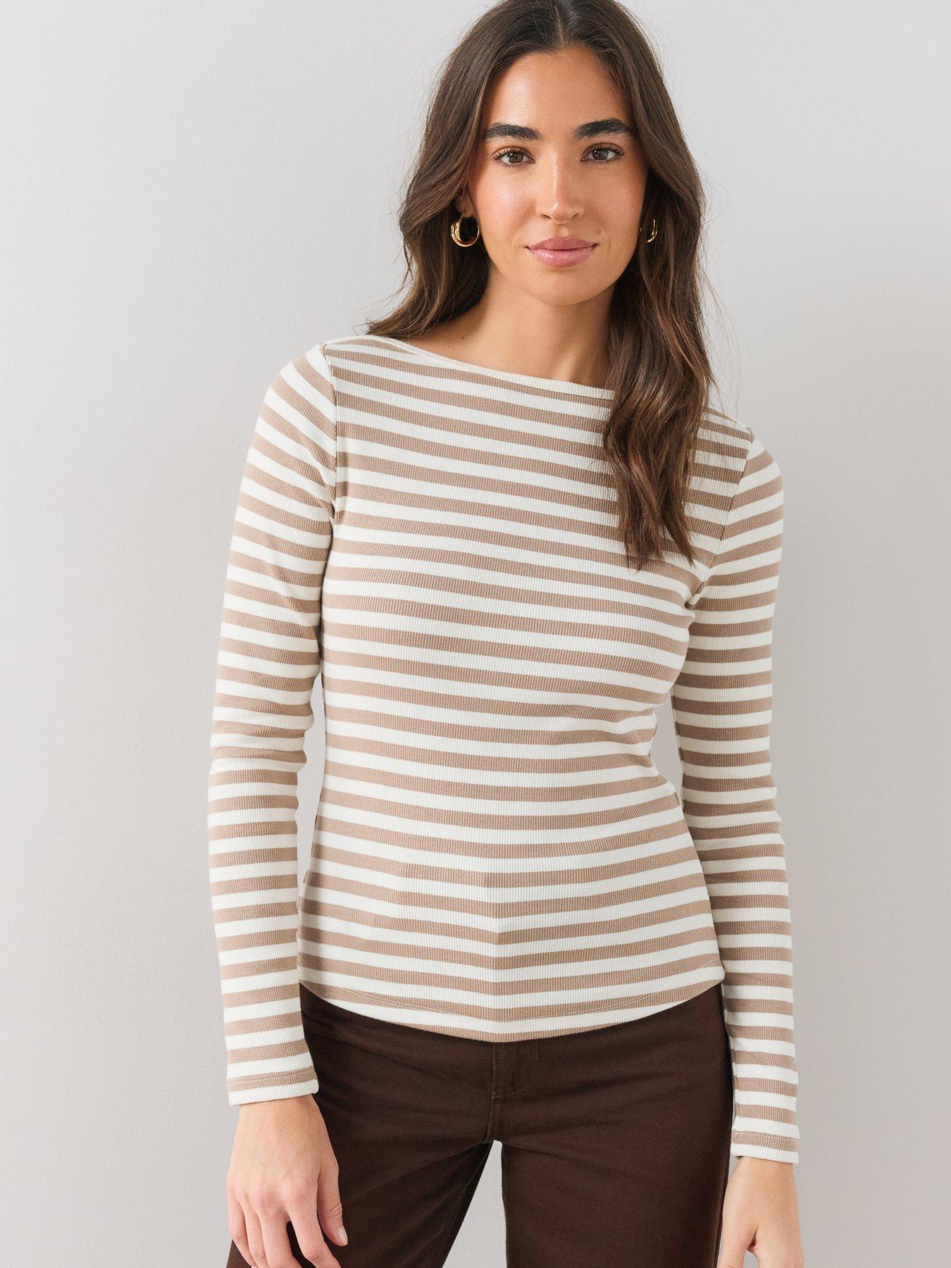 Image 6 of 6 of The Very Collection Womens Boat Neck Ribbed Stripe Long Sleeve Top - Neutral