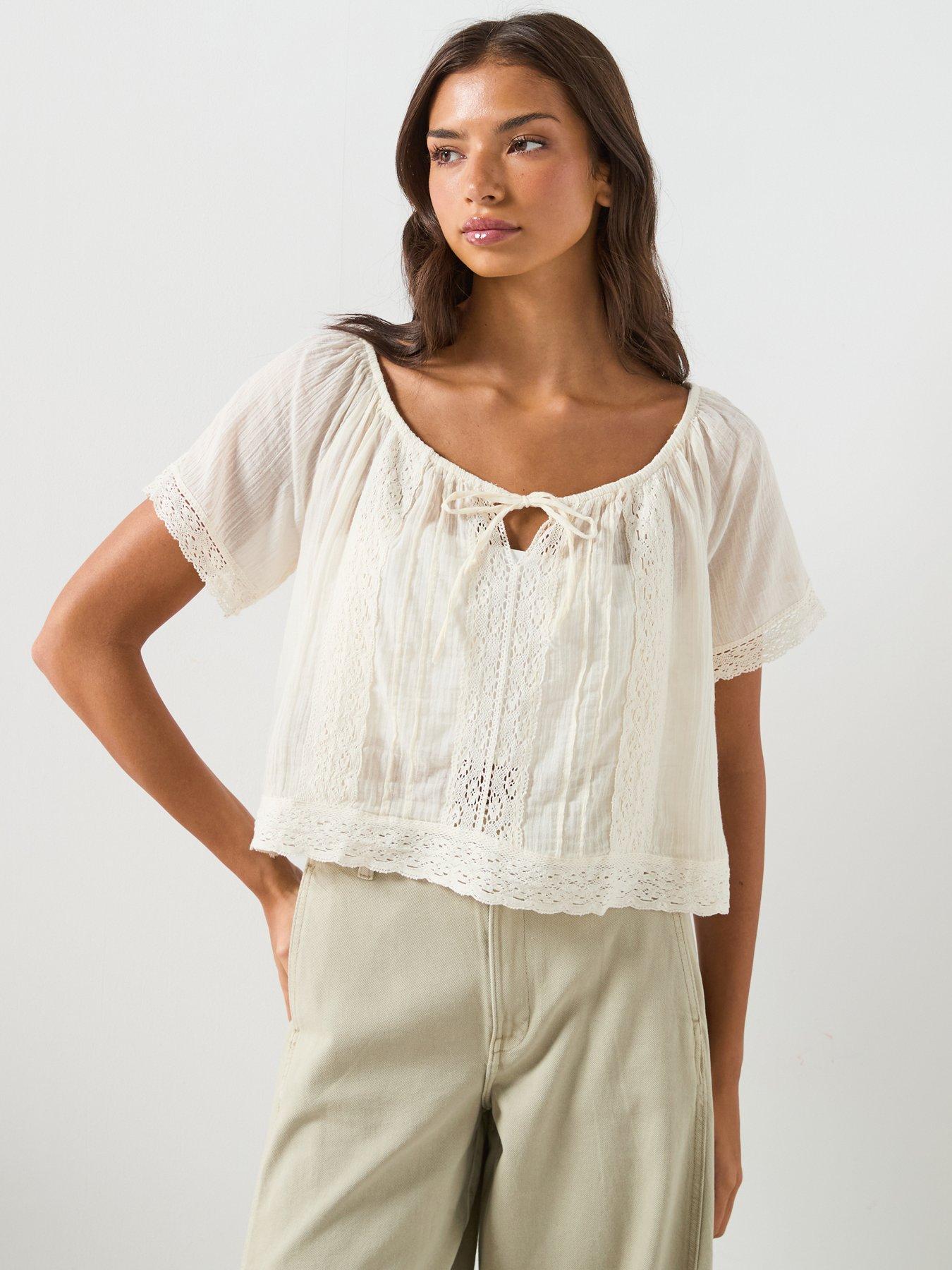 Image 1 of 6 of Mango Cotton Lace Blouse - Cream