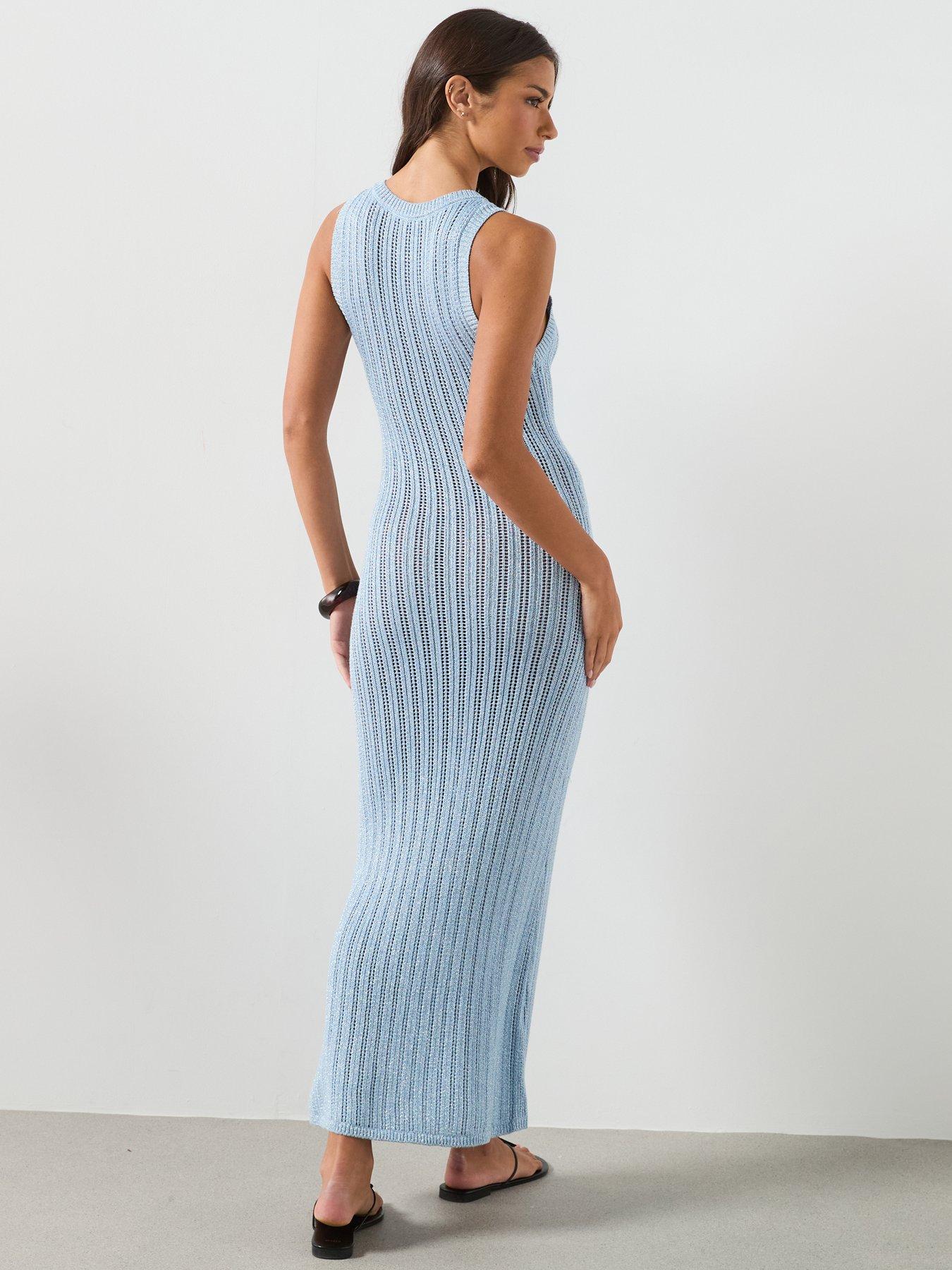 mango long knit dress Openwork Knitted - Blue twirling dress