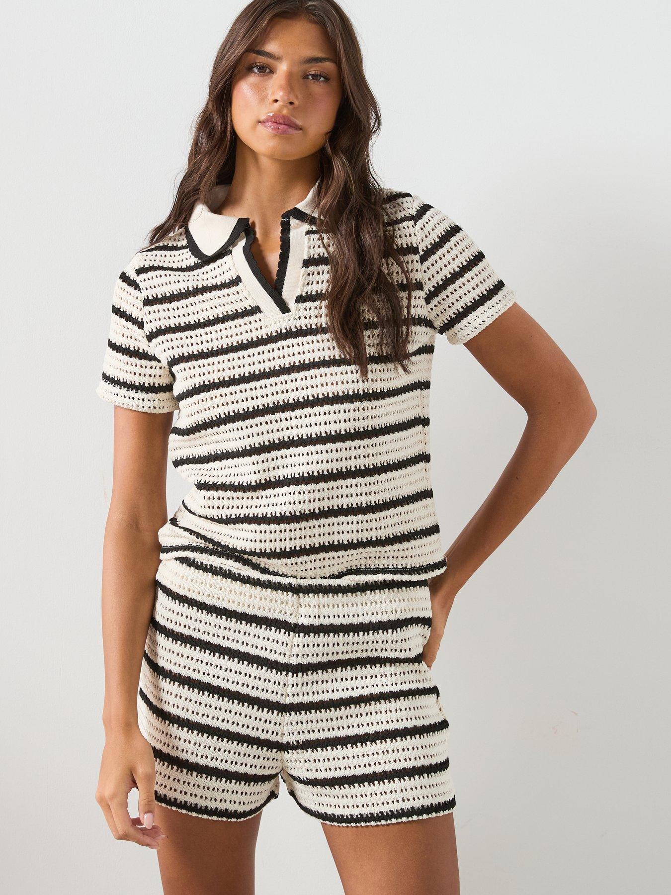 Image 5 of 6 of Mango Striped Crochet Co-ord Shorts - White
