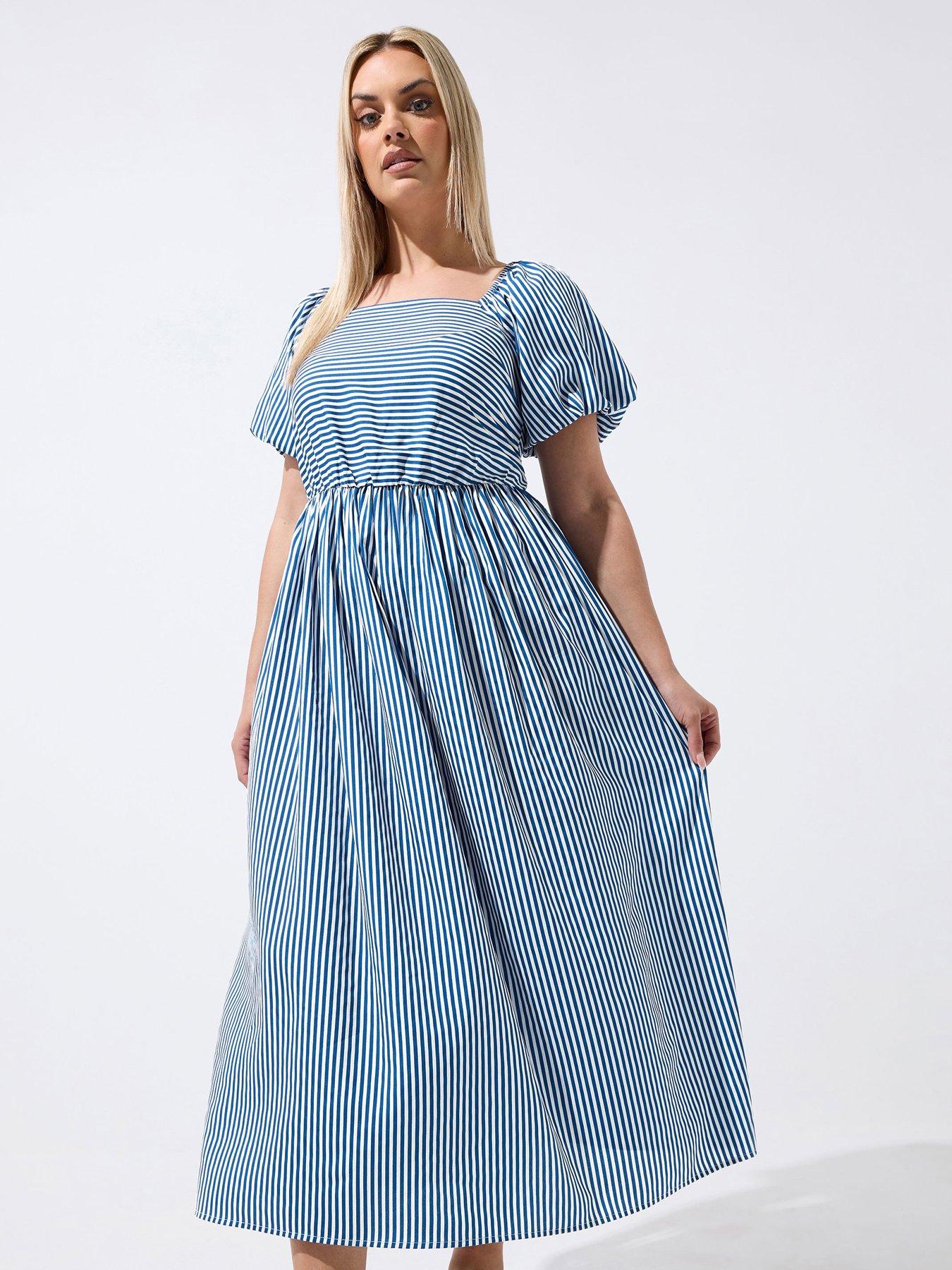 Yours Curve Stripe Puff Sleeve Dress - Blue