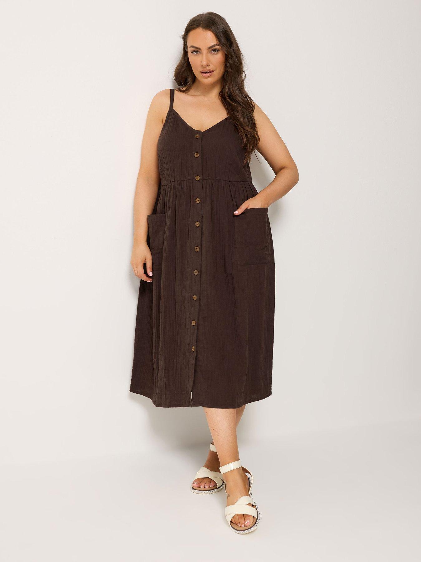 Yours Curve Cheesecloth Pocket Sundress - Brown