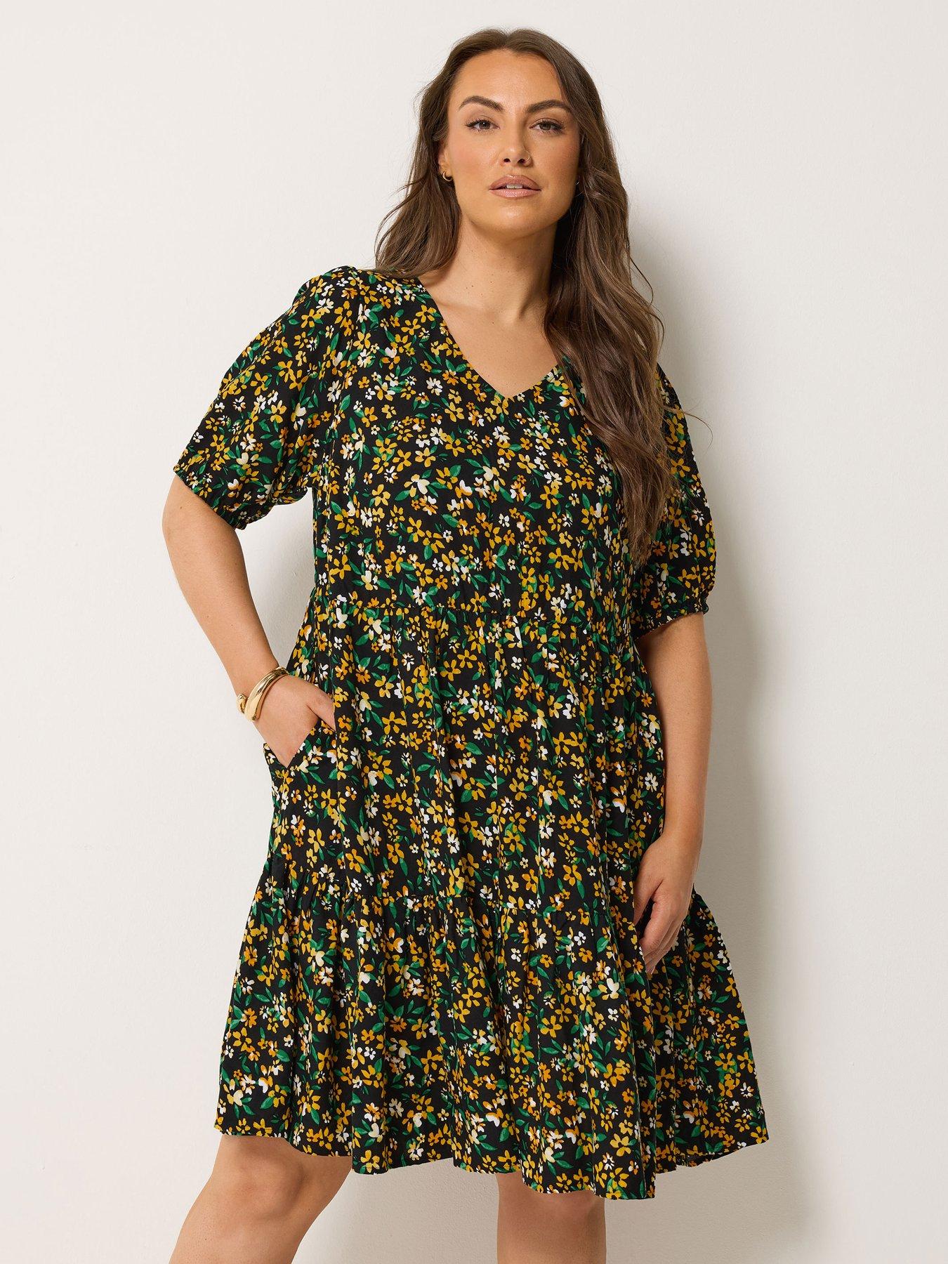 Yours Curve Ditsy Print Smock Dress - Black