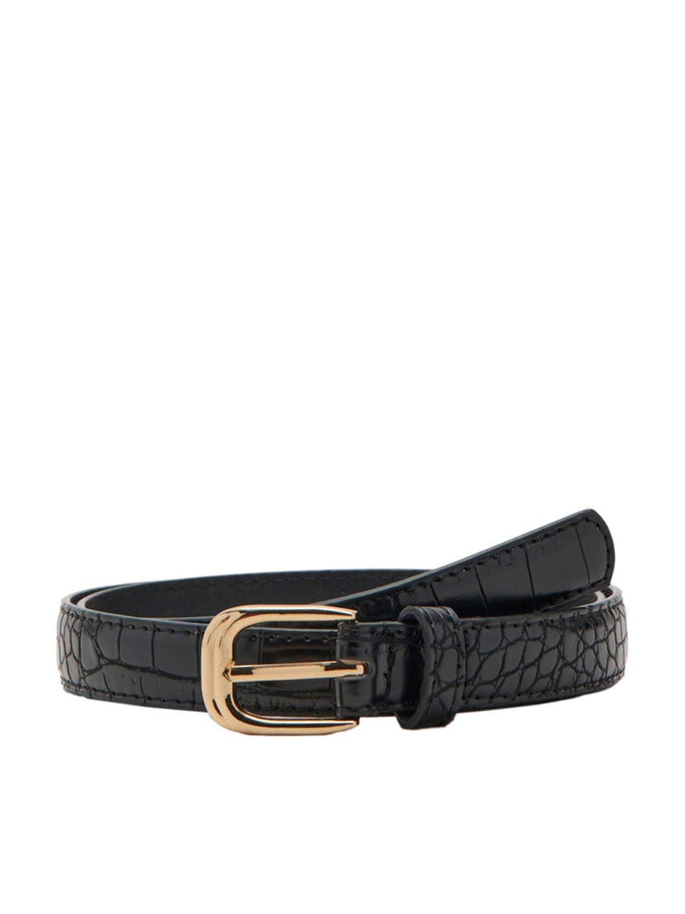Image 1 of 4 of Mango Thin Faux Crocodile Leather Belt - Black