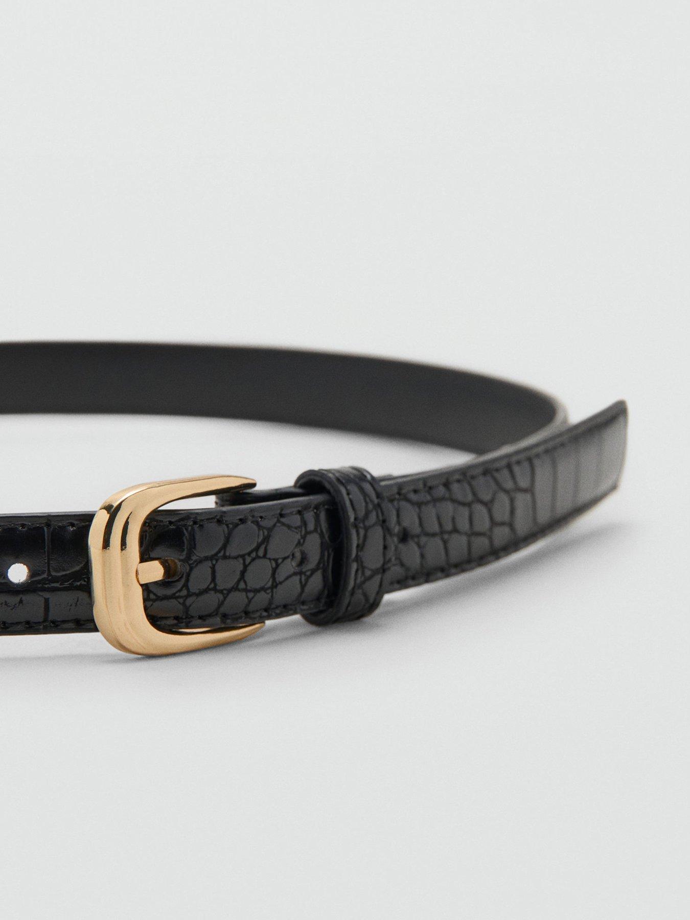 Image 2 of 4 of Mango Thin Faux Crocodile Leather Belt - Black