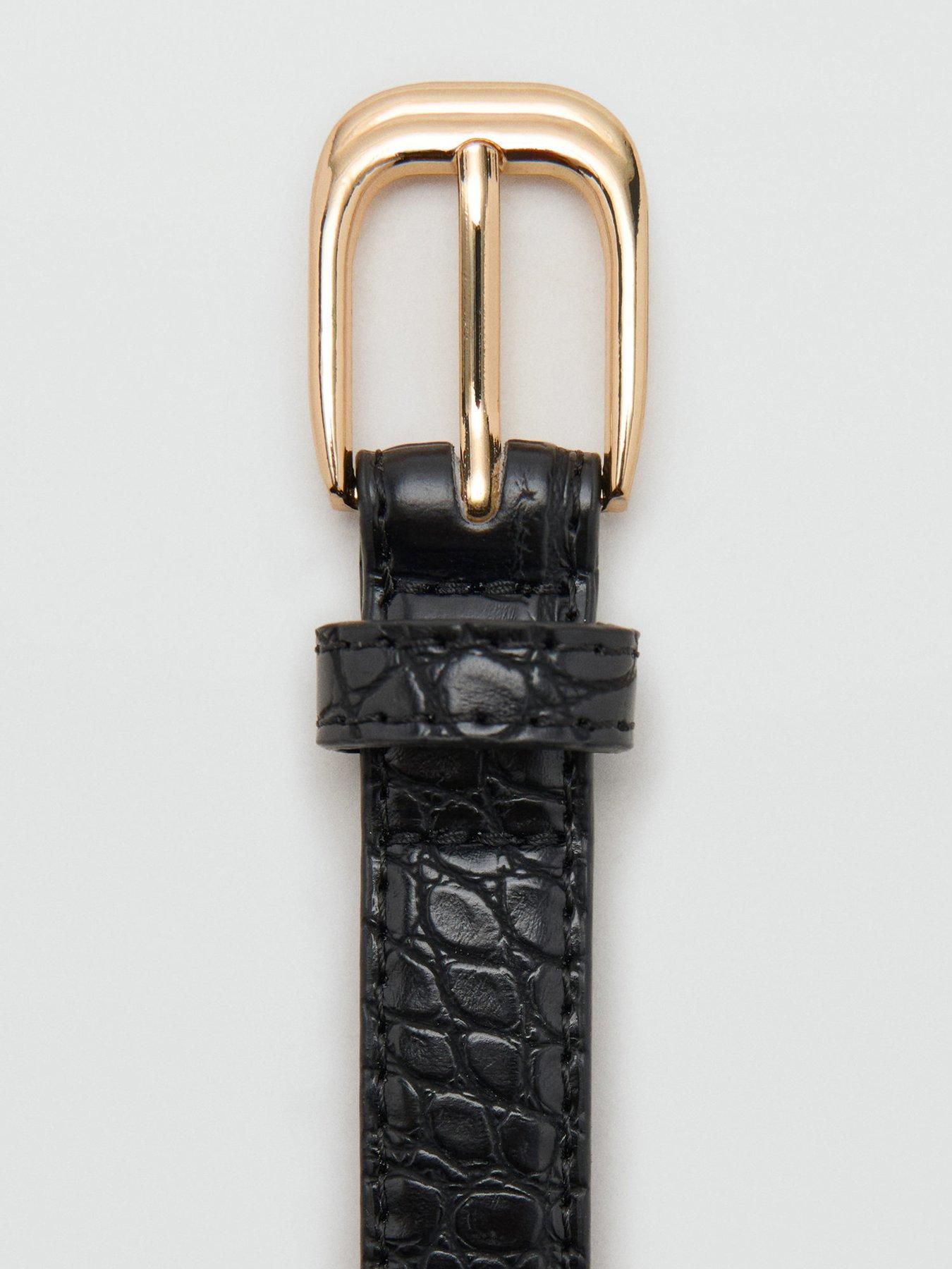Image 3 of 4 of Mango Thin Faux Crocodile Leather Belt - Black