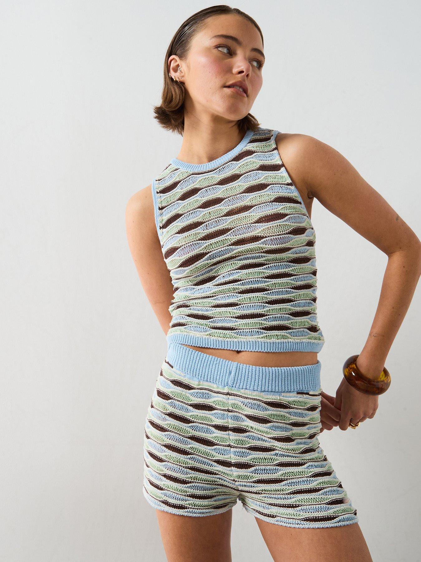 Mango Wavy Stripe Knit Shorts - Sky Blue