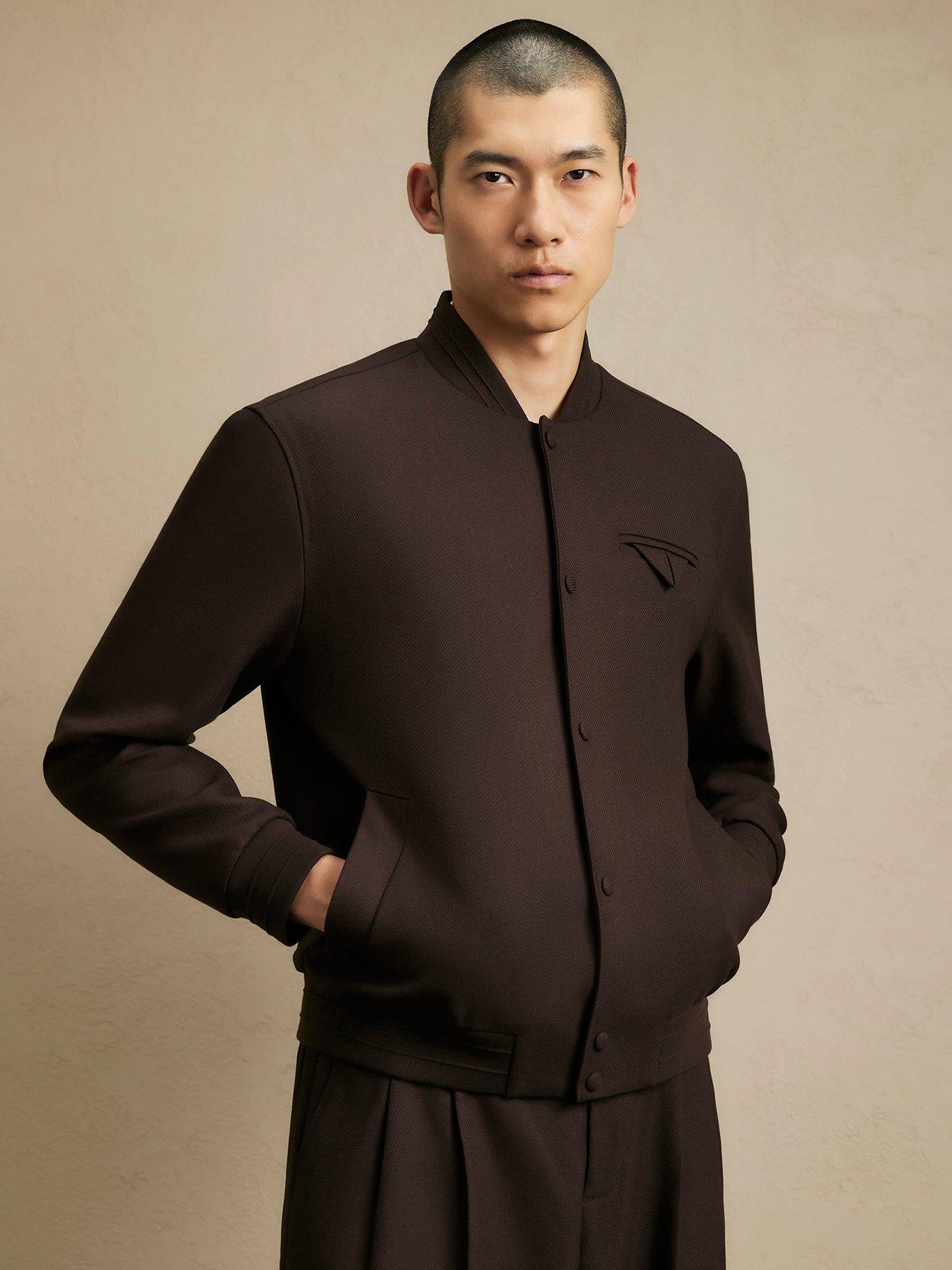 Image 1 of 7 of River Island River Island Mens Twill Press-Stud Bomber Jacket - Brown