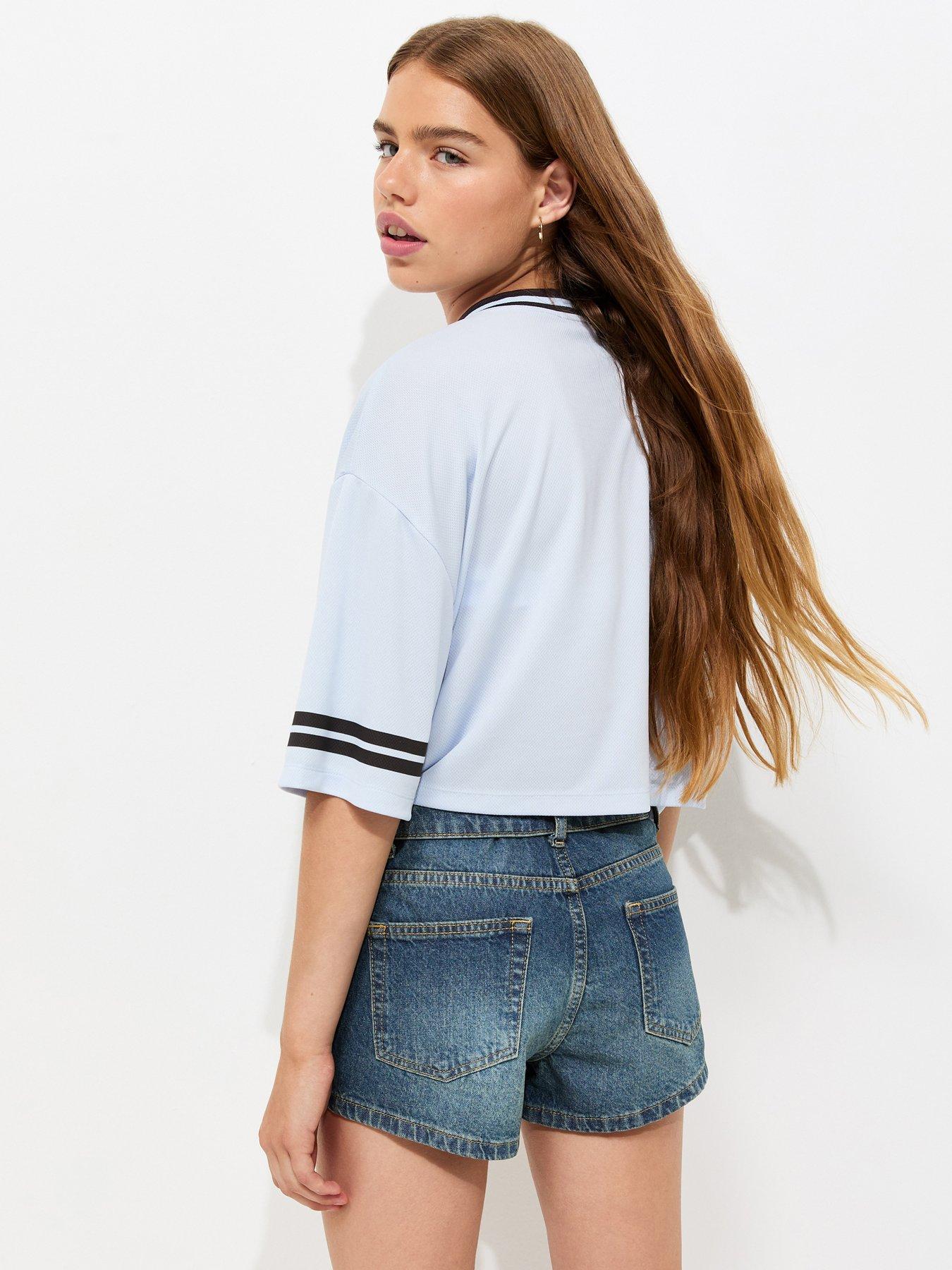 Image 2 of 5 of New Look 915 Girls Fold Over Waistband Denim Shorts - Blue