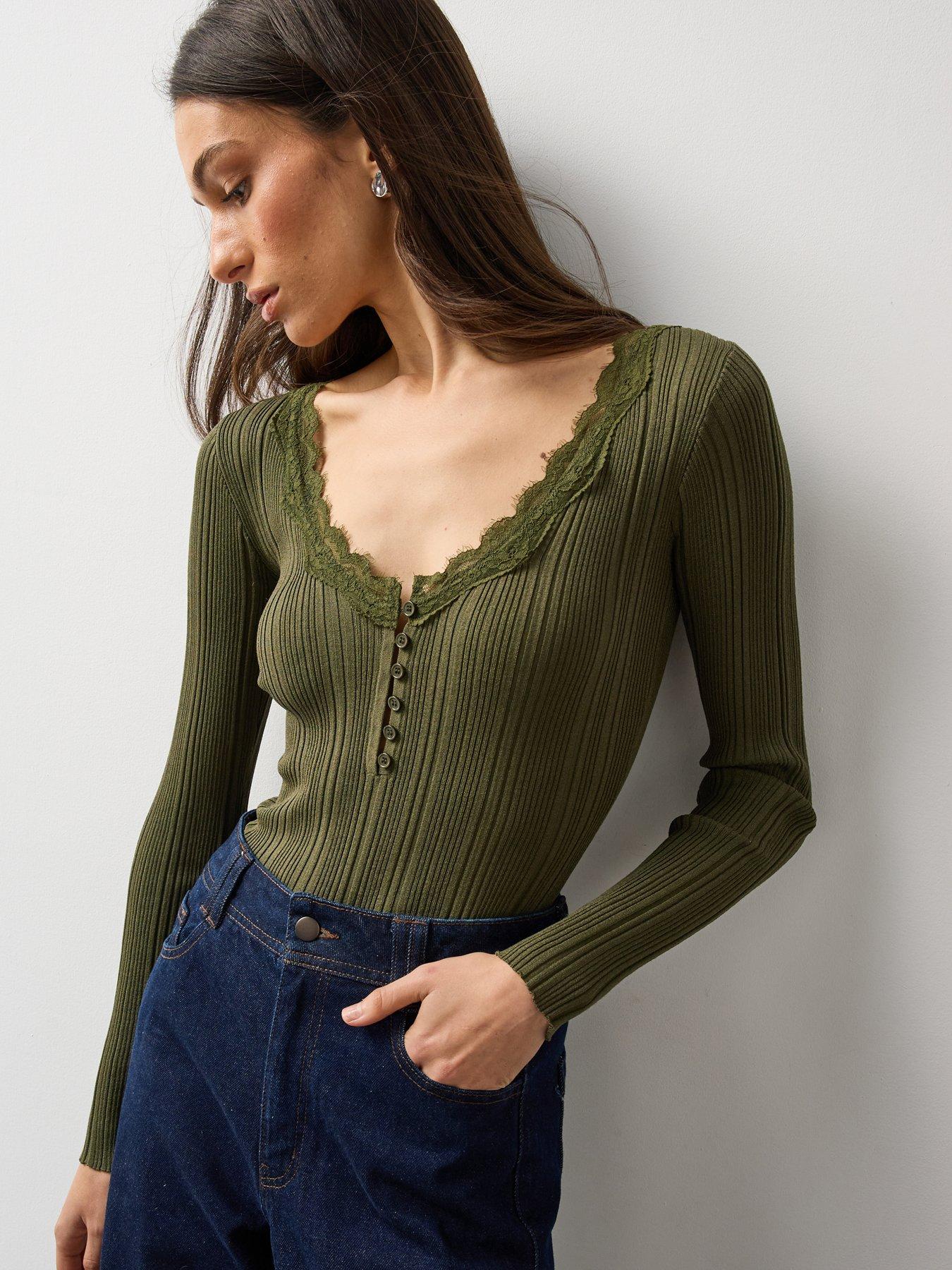 Image 1 of 6 of Michelle Keegan Womens Lace Trim Ribbed Button Front Top - Khaki