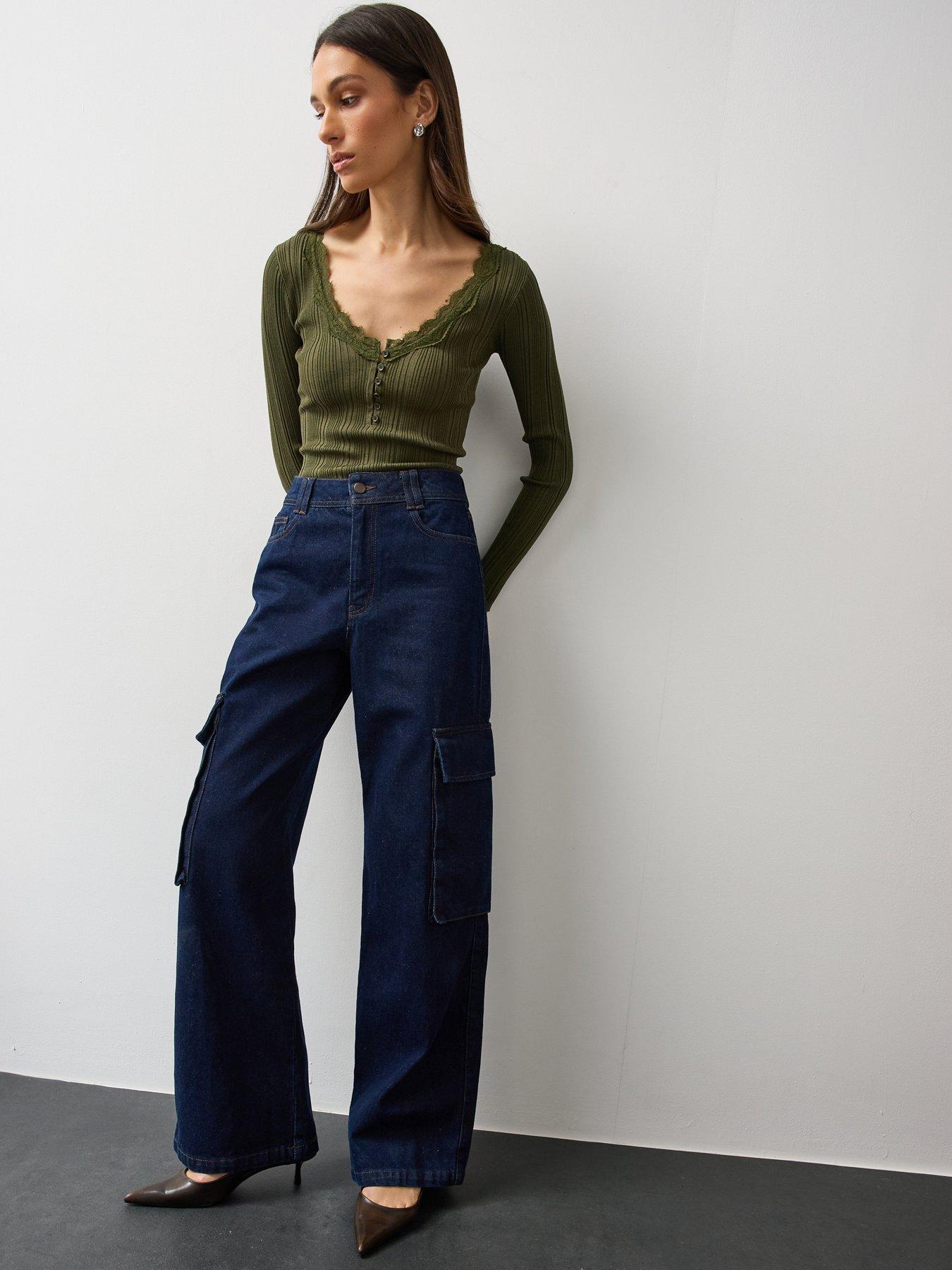 Image 2 of 6 of Michelle Keegan Womens Lace Trim Ribbed Button Front Top - Khaki