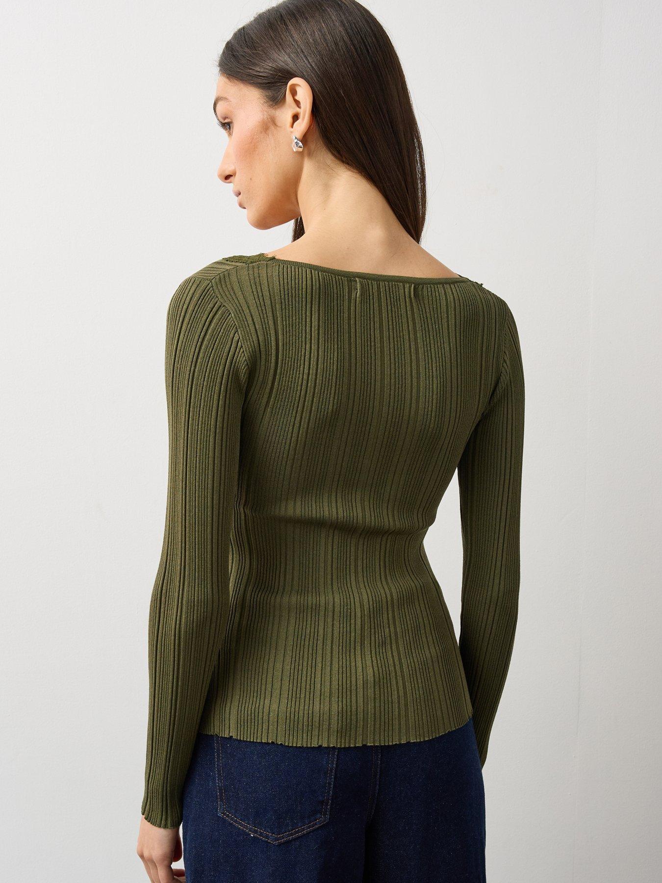 Image 3 of 6 of Michelle Keegan Womens Lace Trim Ribbed Button Front Top - Khaki