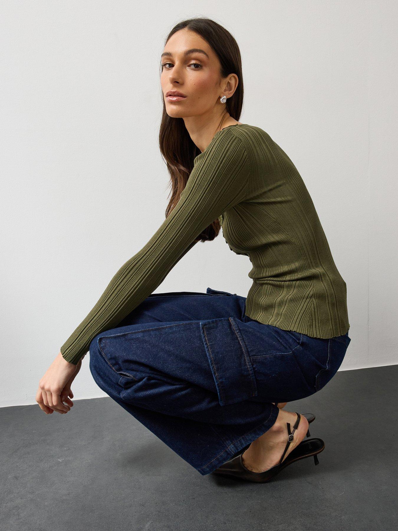Image 4 of 6 of Michelle Keegan Womens Lace Trim Ribbed Button Front Top - Khaki
