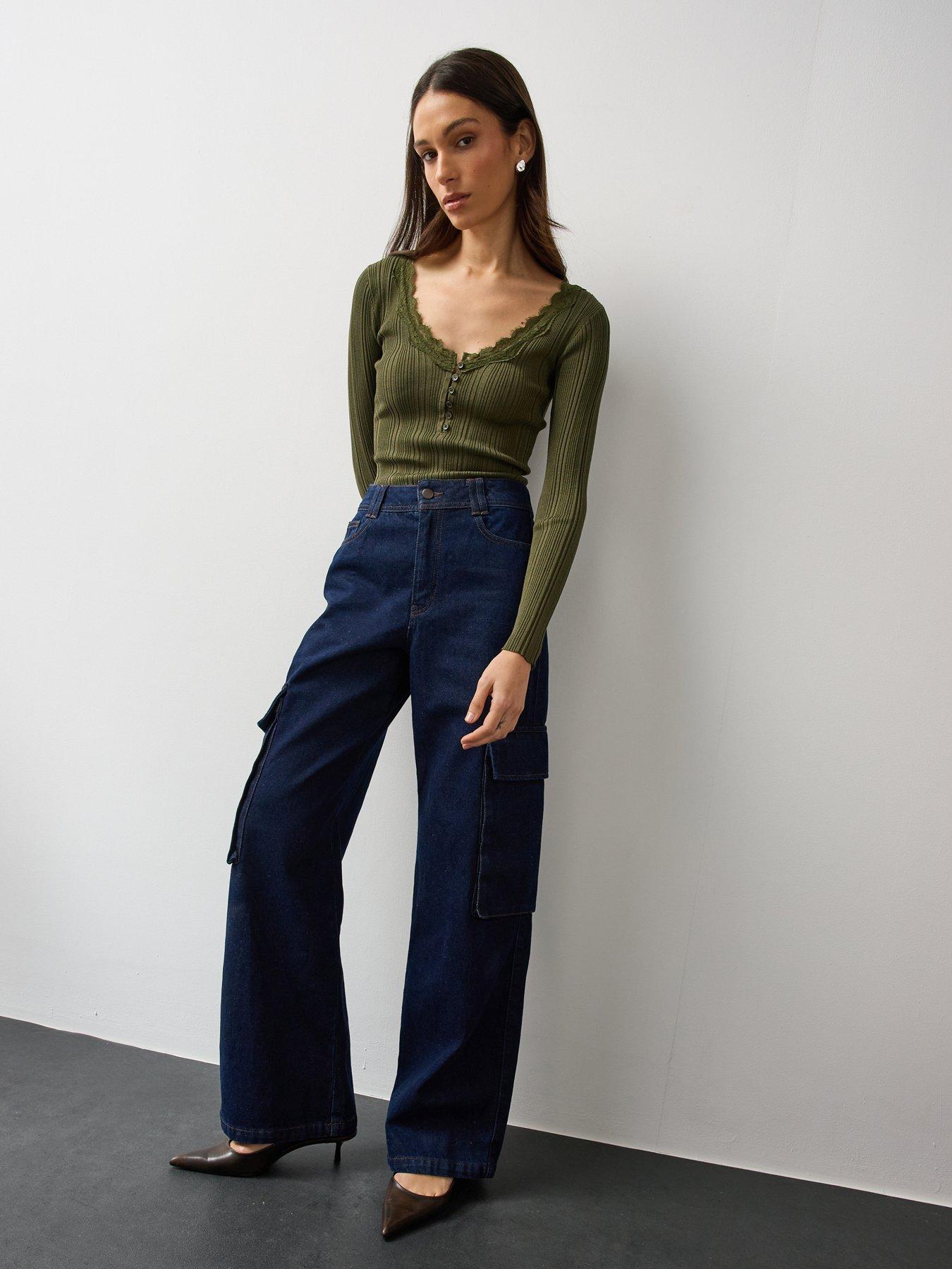Image 5 of 6 of Michelle Keegan Womens Lace Trim Ribbed Button Front Top - Khaki