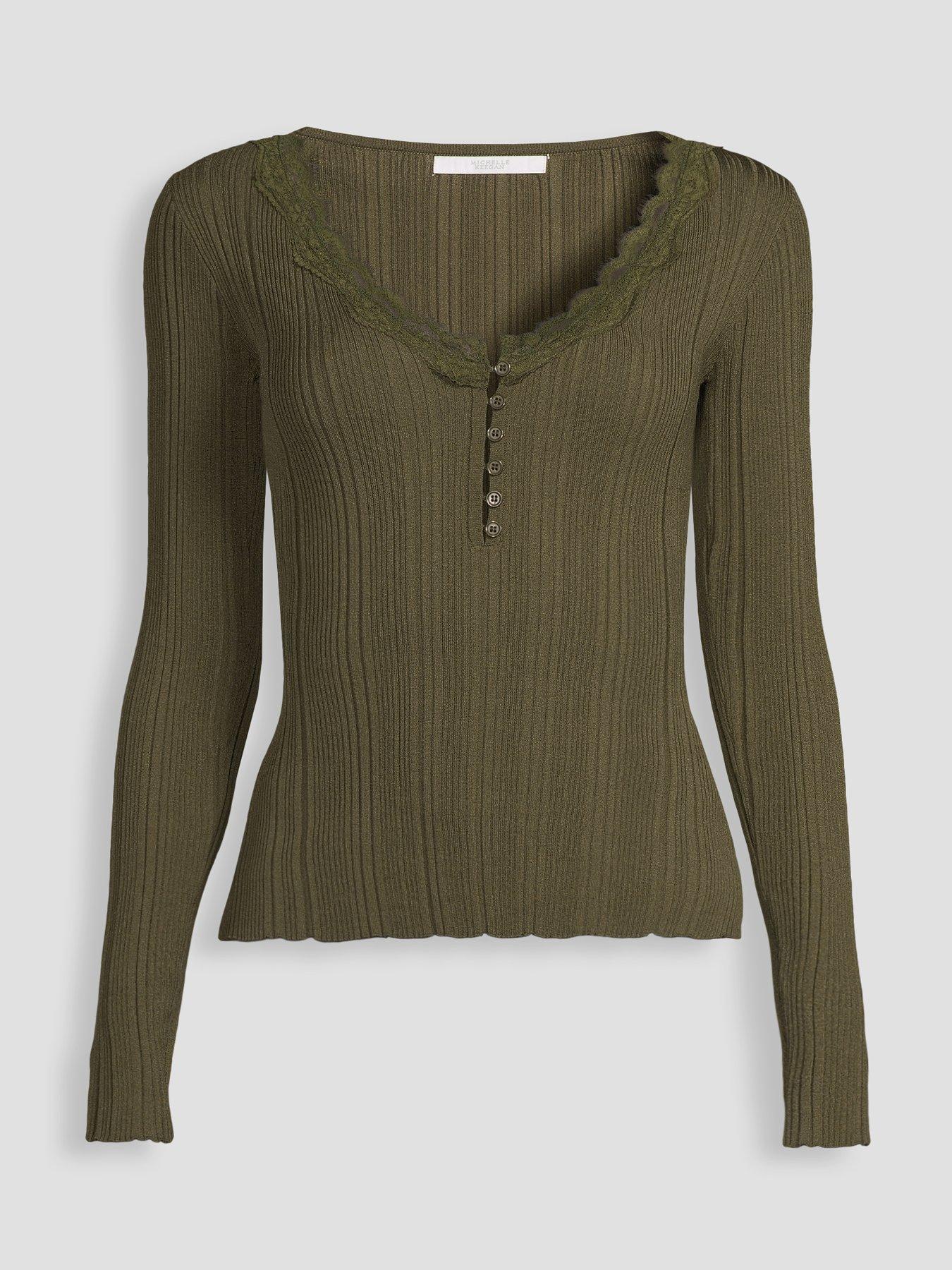 Image 6 of 6 of Michelle Keegan Womens Lace Trim Ribbed Button Front Top - Khaki