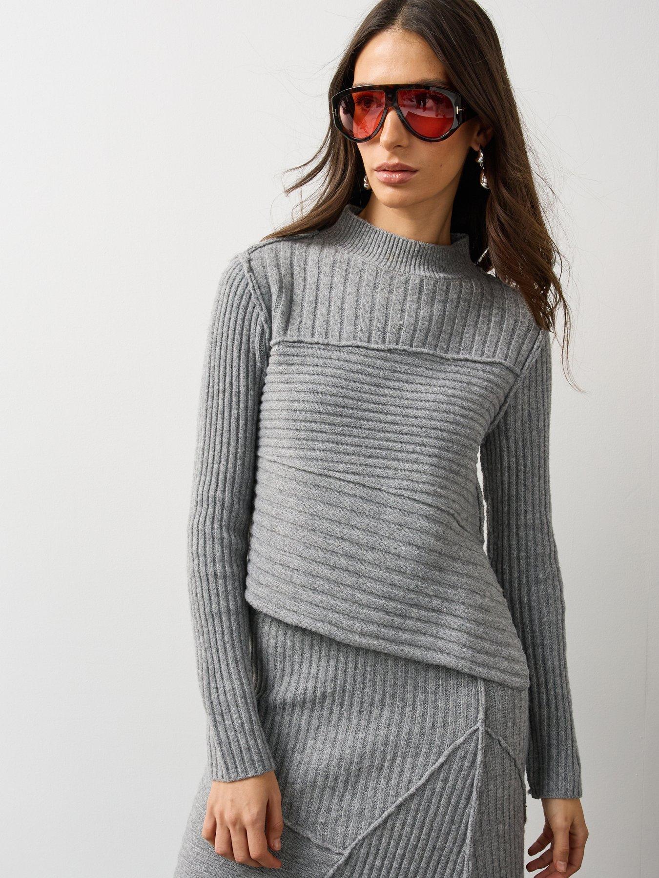 Image 1 of 7 of Michelle Keegan Womens Ribbed Panel Soft Knit Co Ord Jumper&nbsp;- Grey