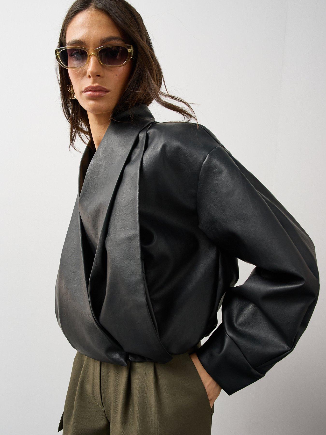 Image 2 of 7 of Michelle Keegan Womens Shawl Collar Faux Leather Jacket - Black