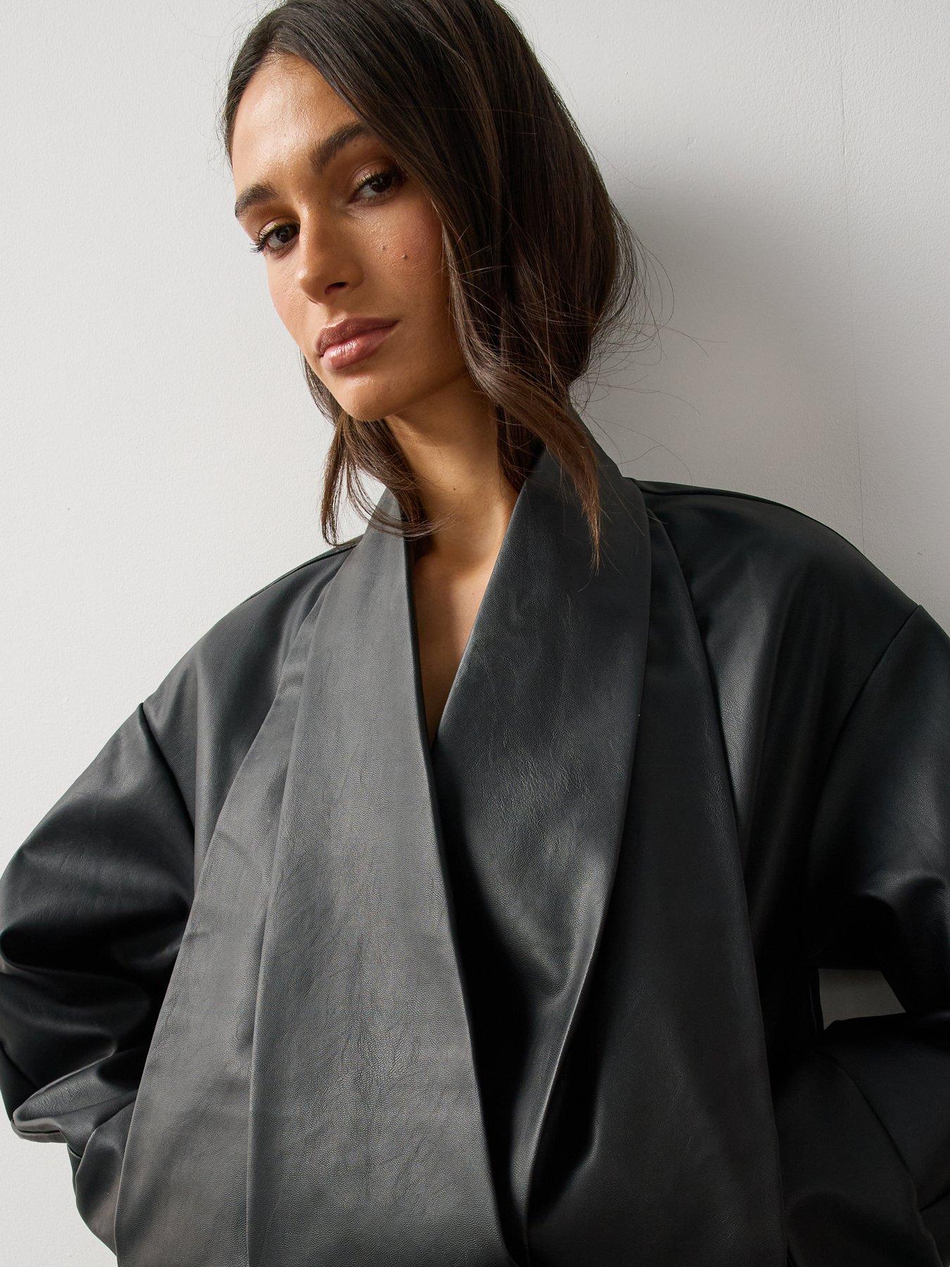 Image 3 of 7 of Michelle Keegan Womens Shawl Collar Faux Leather Jacket - Black