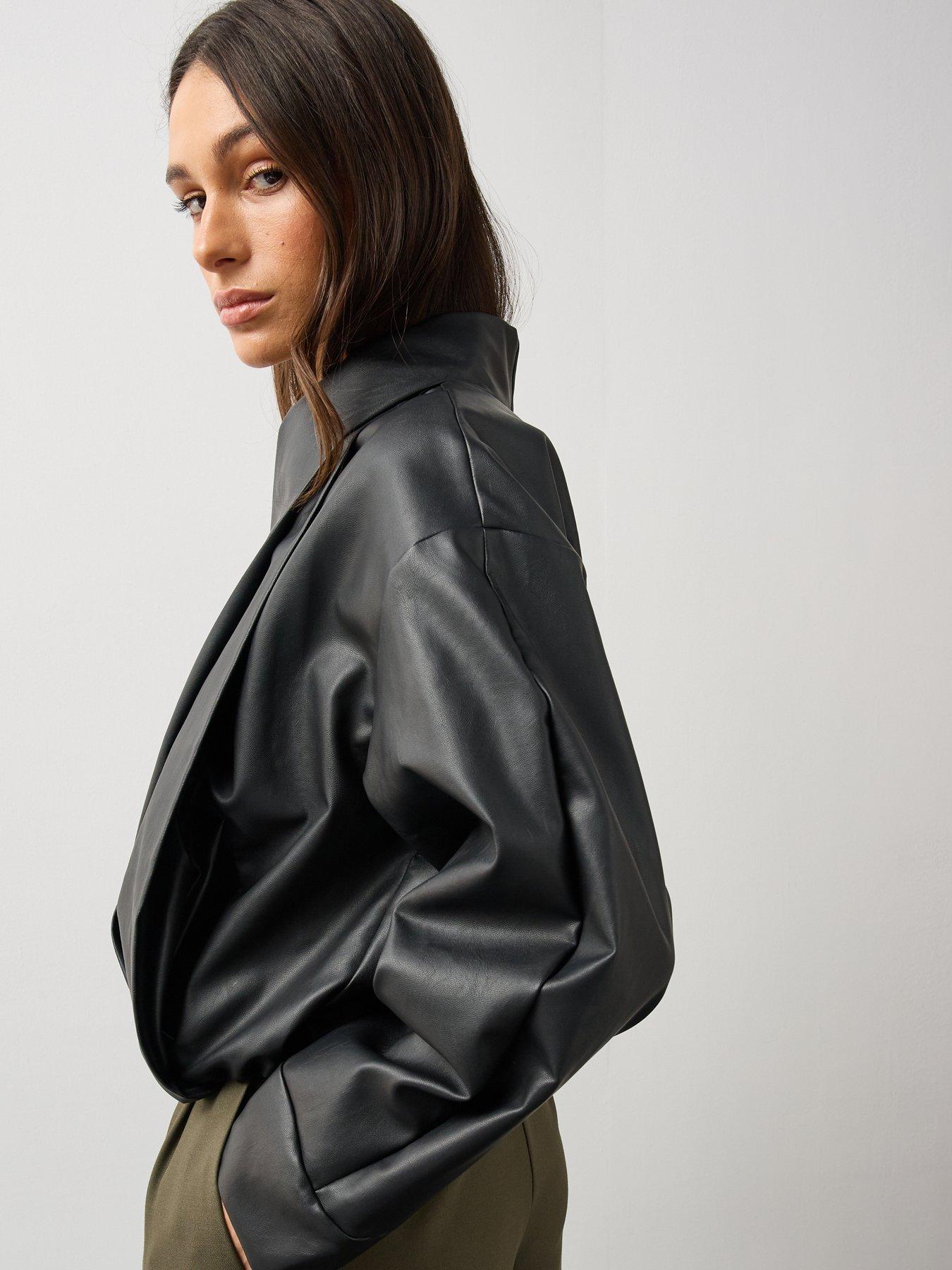 Image 5 of 7 of Michelle Keegan Womens Shawl Collar Faux Leather Jacket - Black