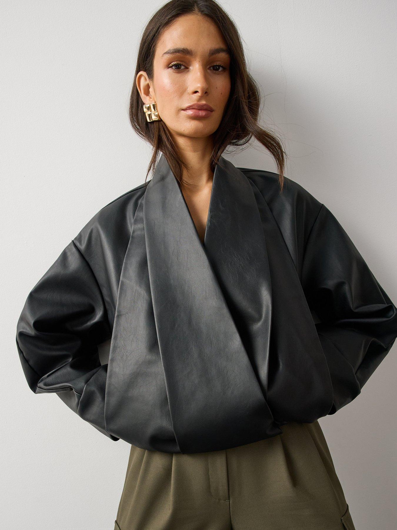 Image 6 of 7 of Michelle Keegan Womens Shawl Collar Faux Leather Jacket - Black