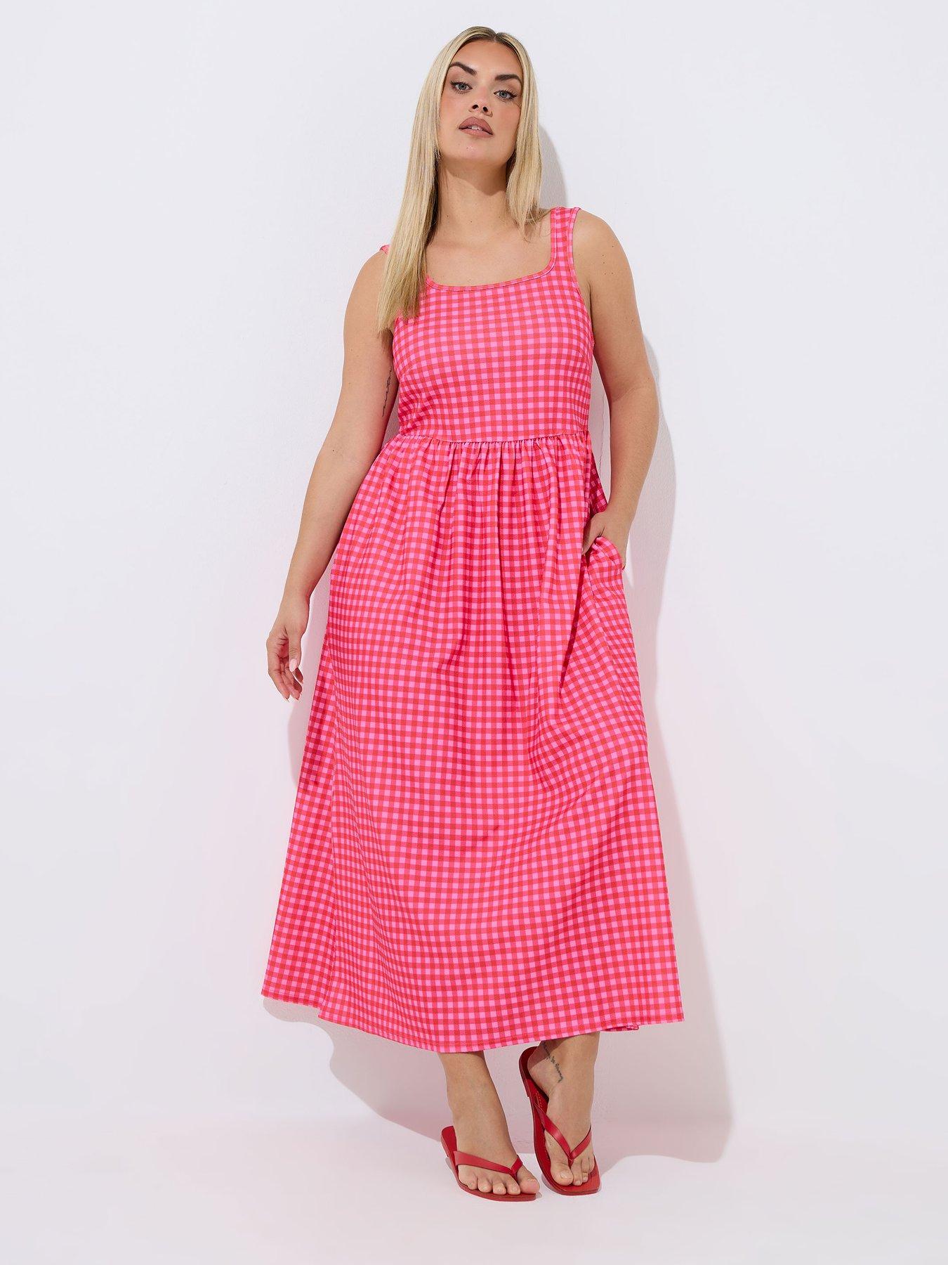 Image 3 of 4 of Yours Curve Gingham Strappy Dress - Pink
