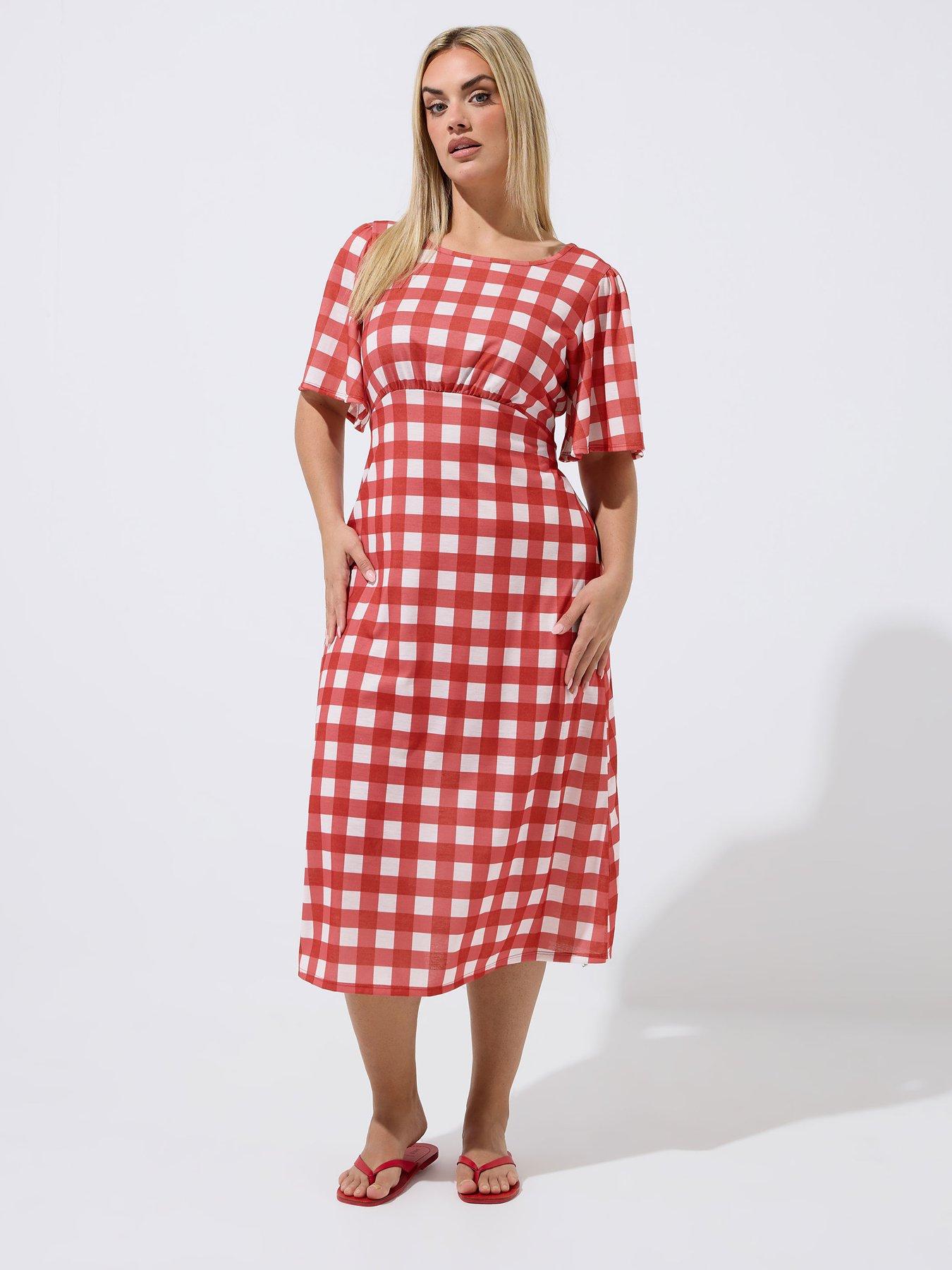 Image 1 of 4 of Yours Curve Gingham Tie Neck Dress - Red