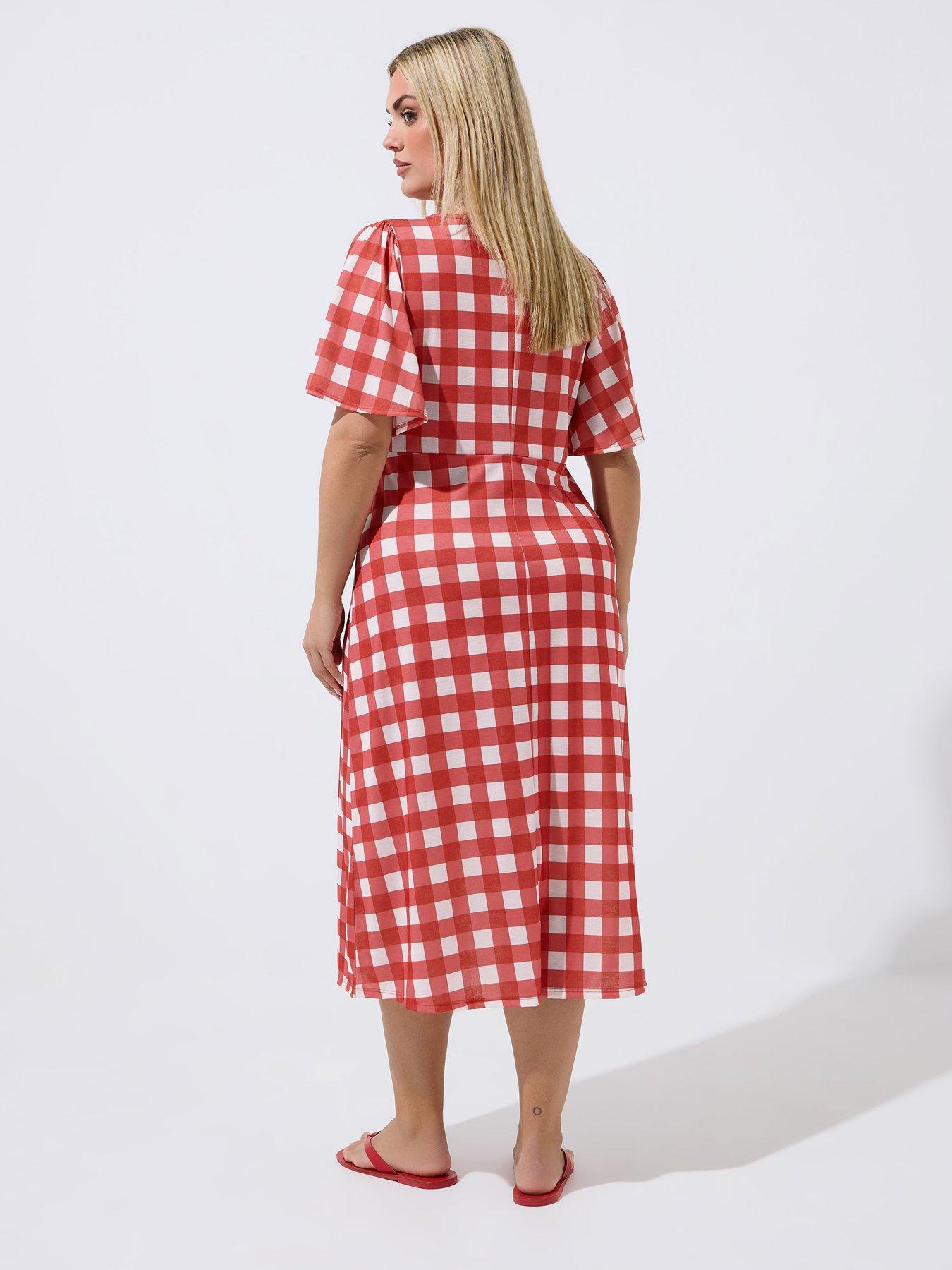 Image 2 of 4 of Yours Curve Gingham Tie Neck Dress - Red