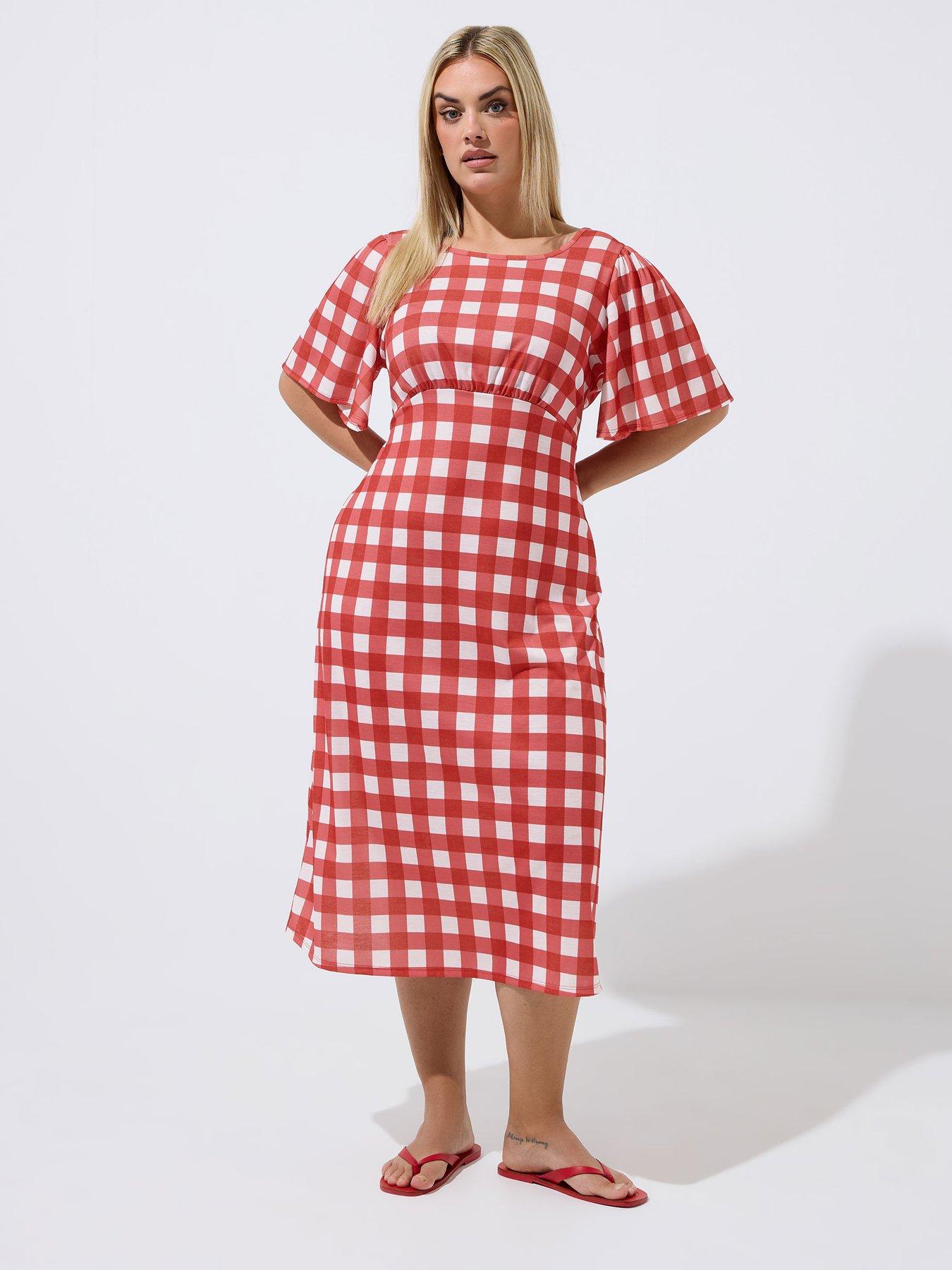 Image 3 of 4 of Yours Curve Gingham Tie Neck Dress - Red