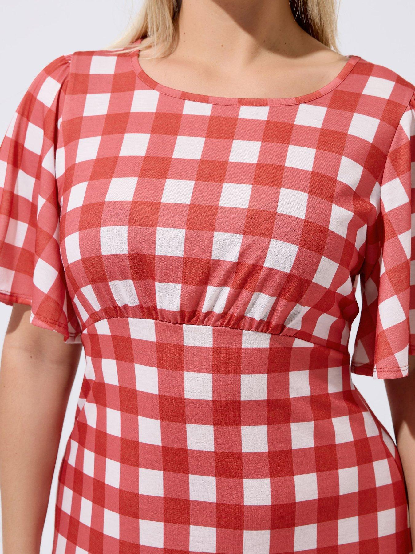Image 4 of 4 of Yours Curve Gingham Tie Neck Dress - Red