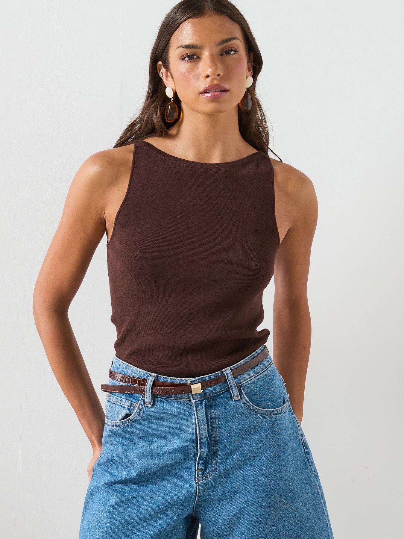 Image 1 of 6 of Mango Fine Knit Boat Neck Top - Brown