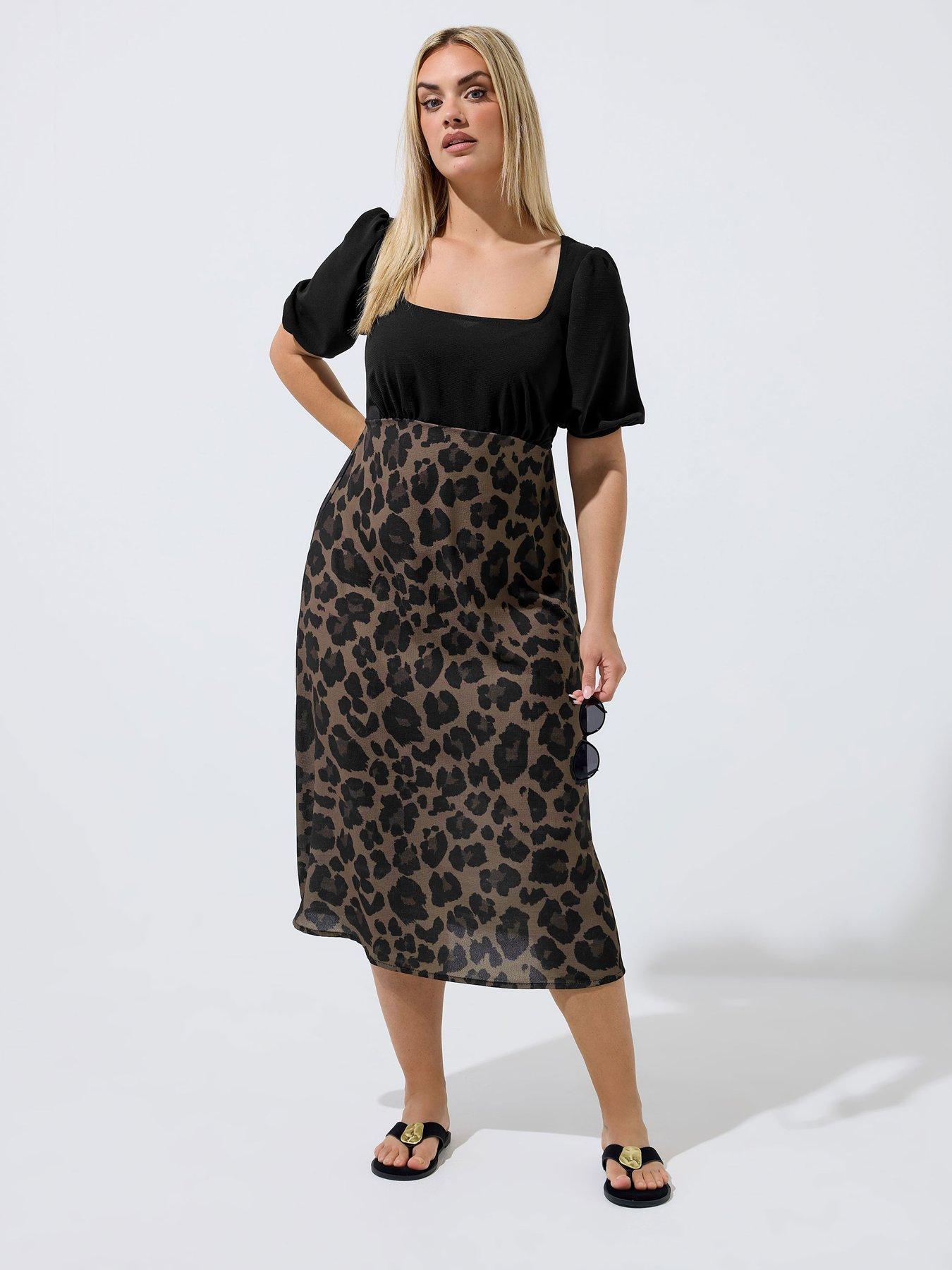 Yours Curve Leopard Mix Detail Dress - Brown