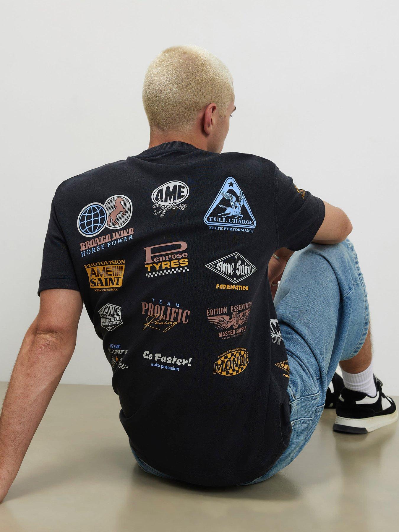 Image 1 of 5 of River Island Mens Oversized Fit Washed Logo Badge T-Shirt - Black
