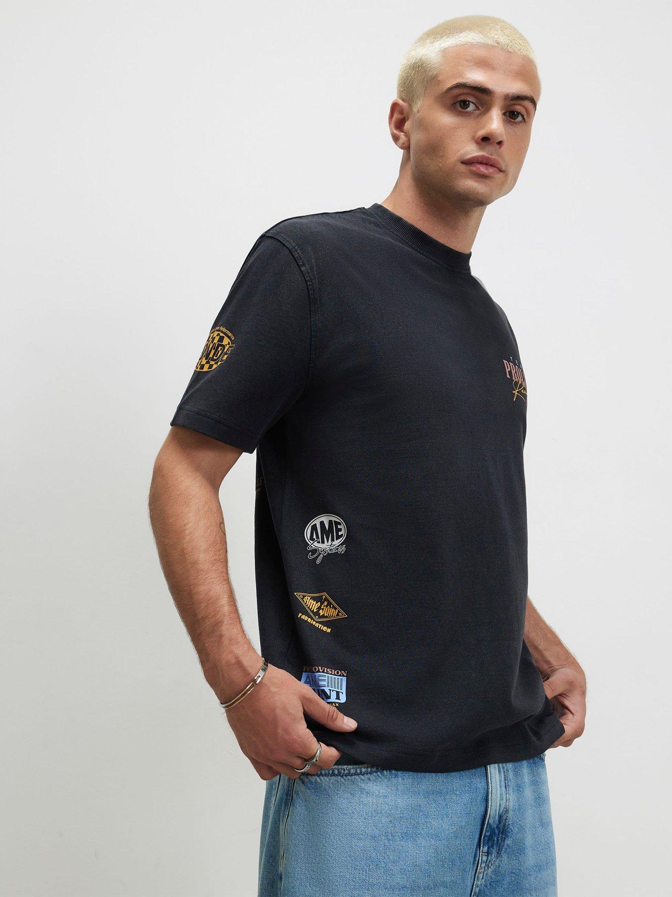 Image 2 of 5 of River Island Mens Oversized Fit Washed Logo Badge T-Shirt - Black