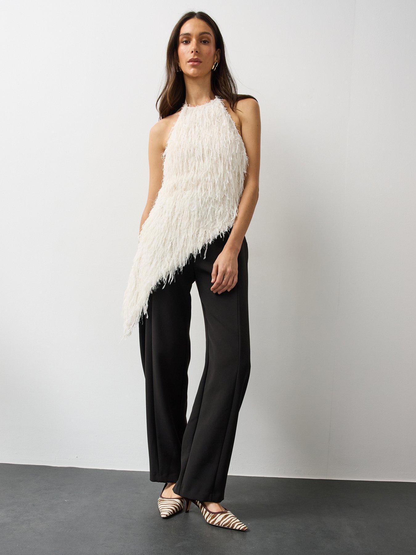 Image 1 of 7 of Michelle Keegan Womens Textured Asymmetric Hem Halterneck Top - Ivory