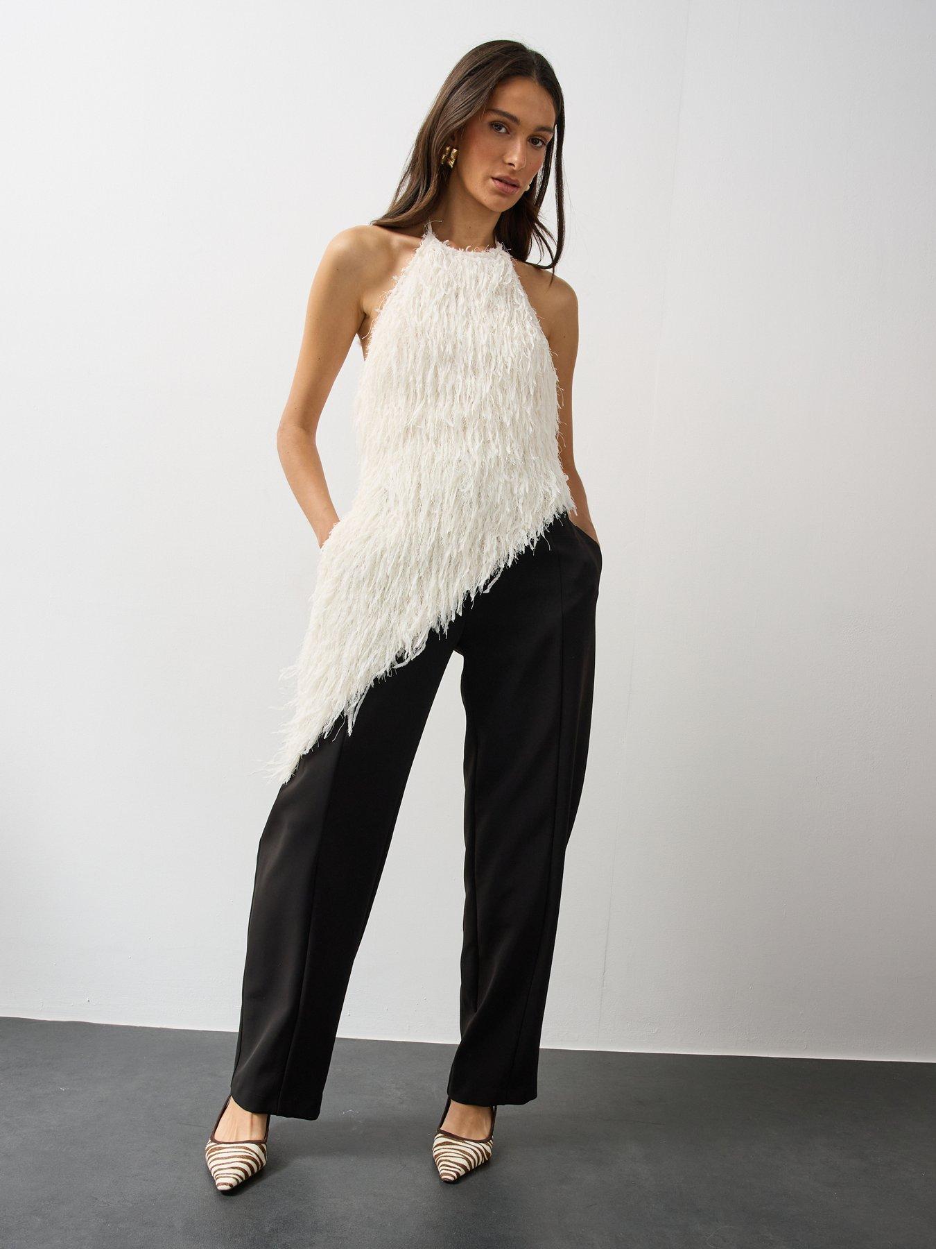 Image 3 of 7 of Michelle Keegan Womens Textured Asymmetric Hem Halterneck Top - Ivory