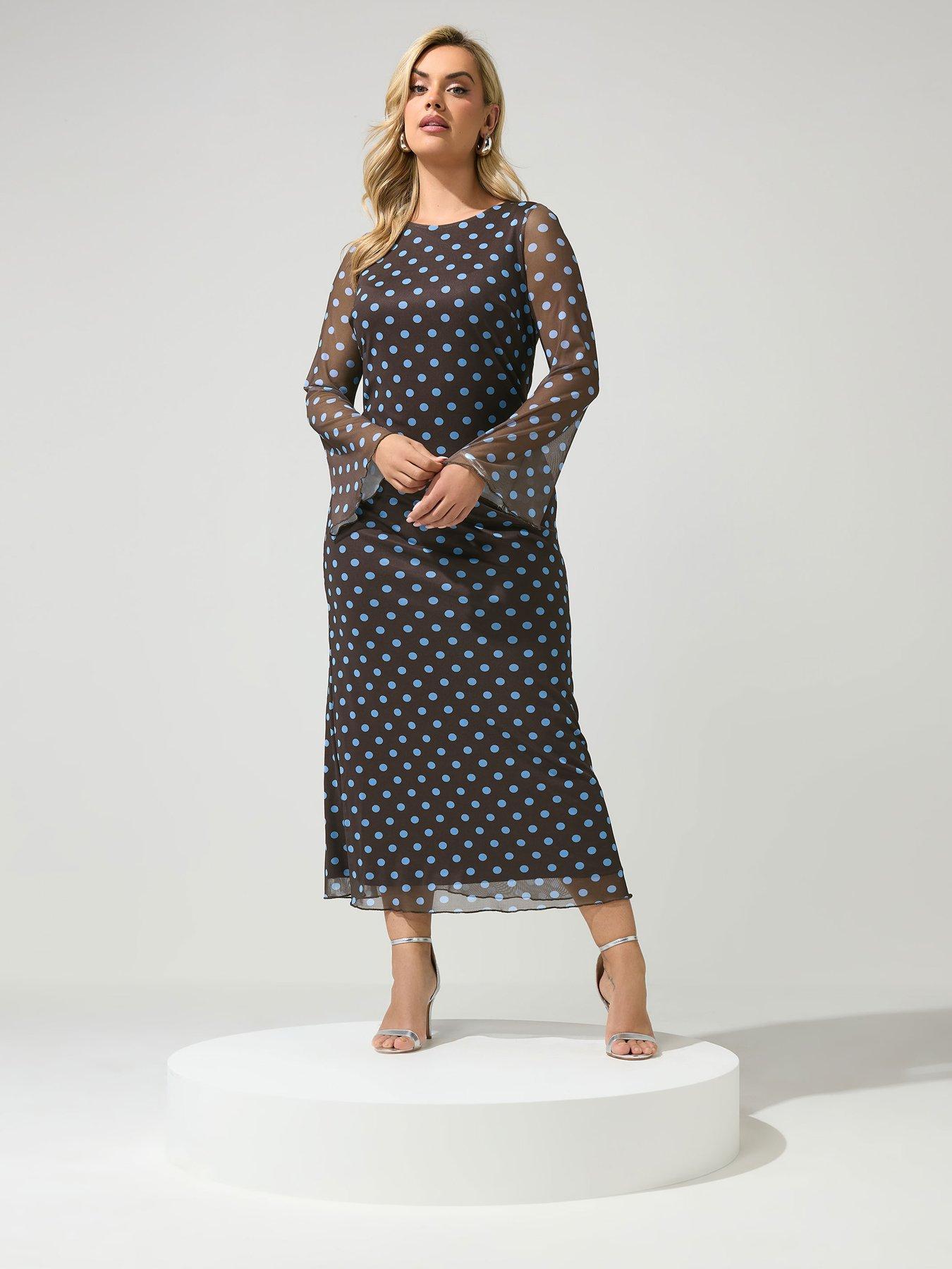 Image 1 of 4 of Yours Curve Polka Mesh Dress - Brown