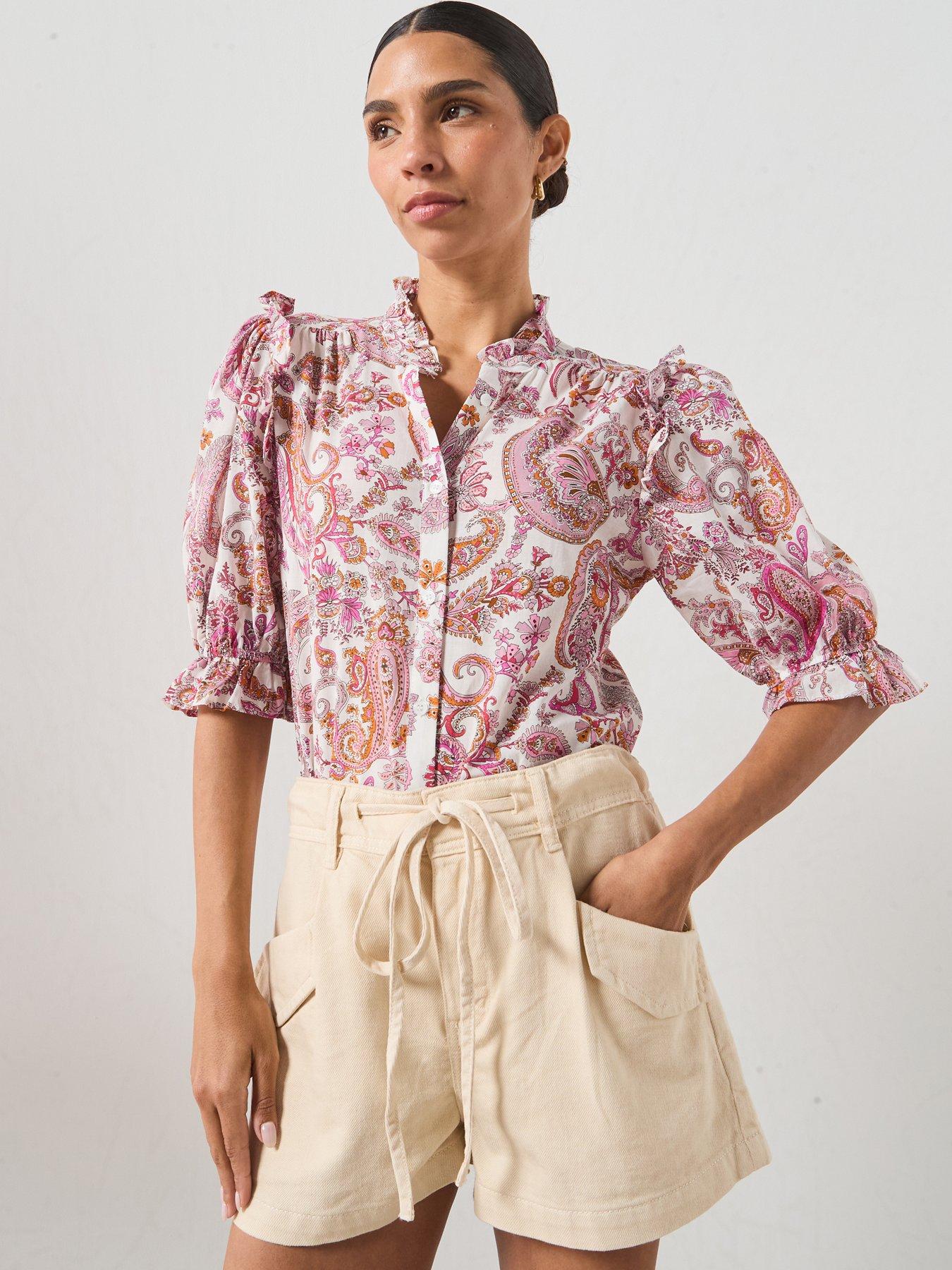 Image 1 of 5 of Mango Paisley Print Ruffle Blouse - Pink