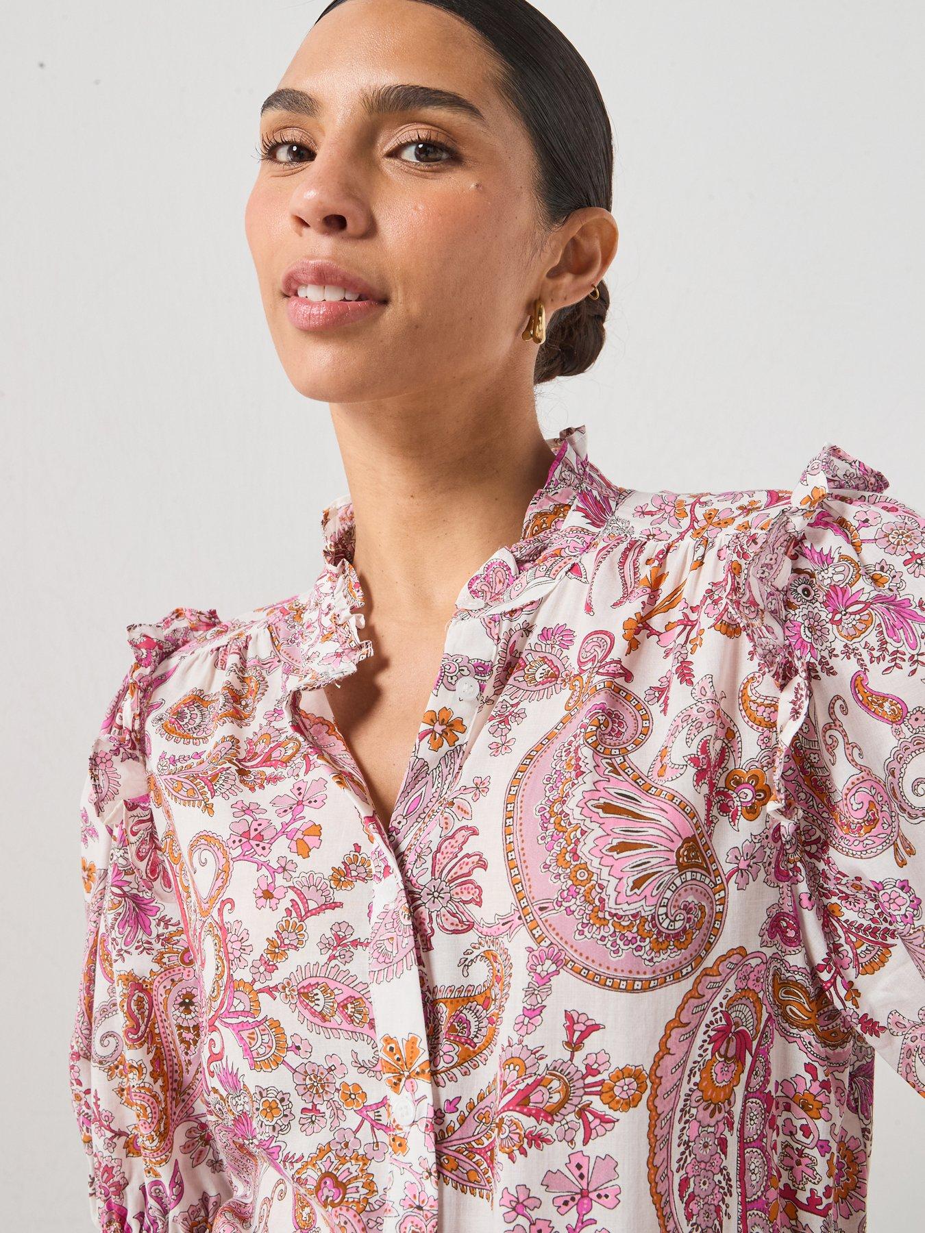Image 4 of 5 of Mango Paisley Print Ruffle Blouse - Pink