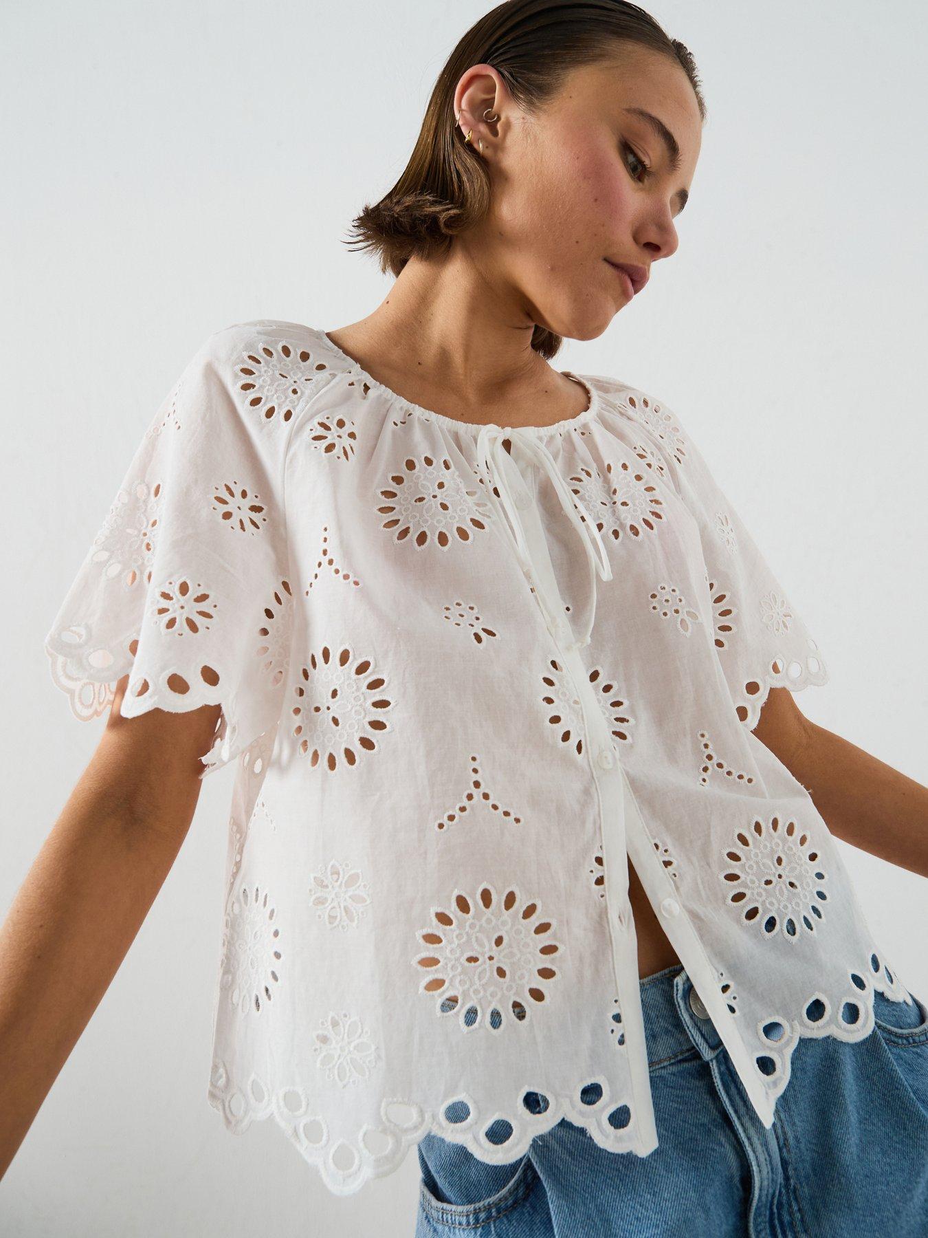 Mango 100% Cotton Blouse With Broderie Anglaise Embroidery, White, Size Xs, Women